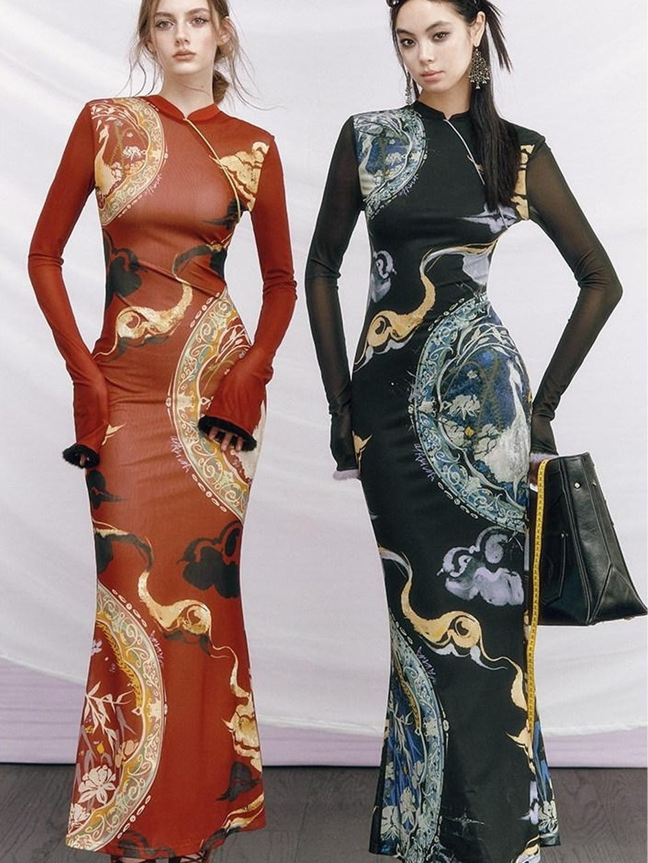 OfAkiva Elegant Colorblock High Waist New Chinese Style Slim Fit Long Sleeve Maxi Dresses