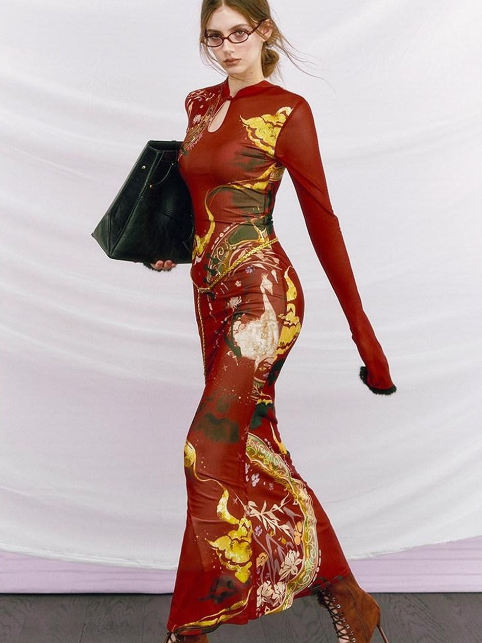 OfAkiva Elegant Colorblock High Waist New Chinese Style Slim Fit Long Sleeve Maxi Dresses