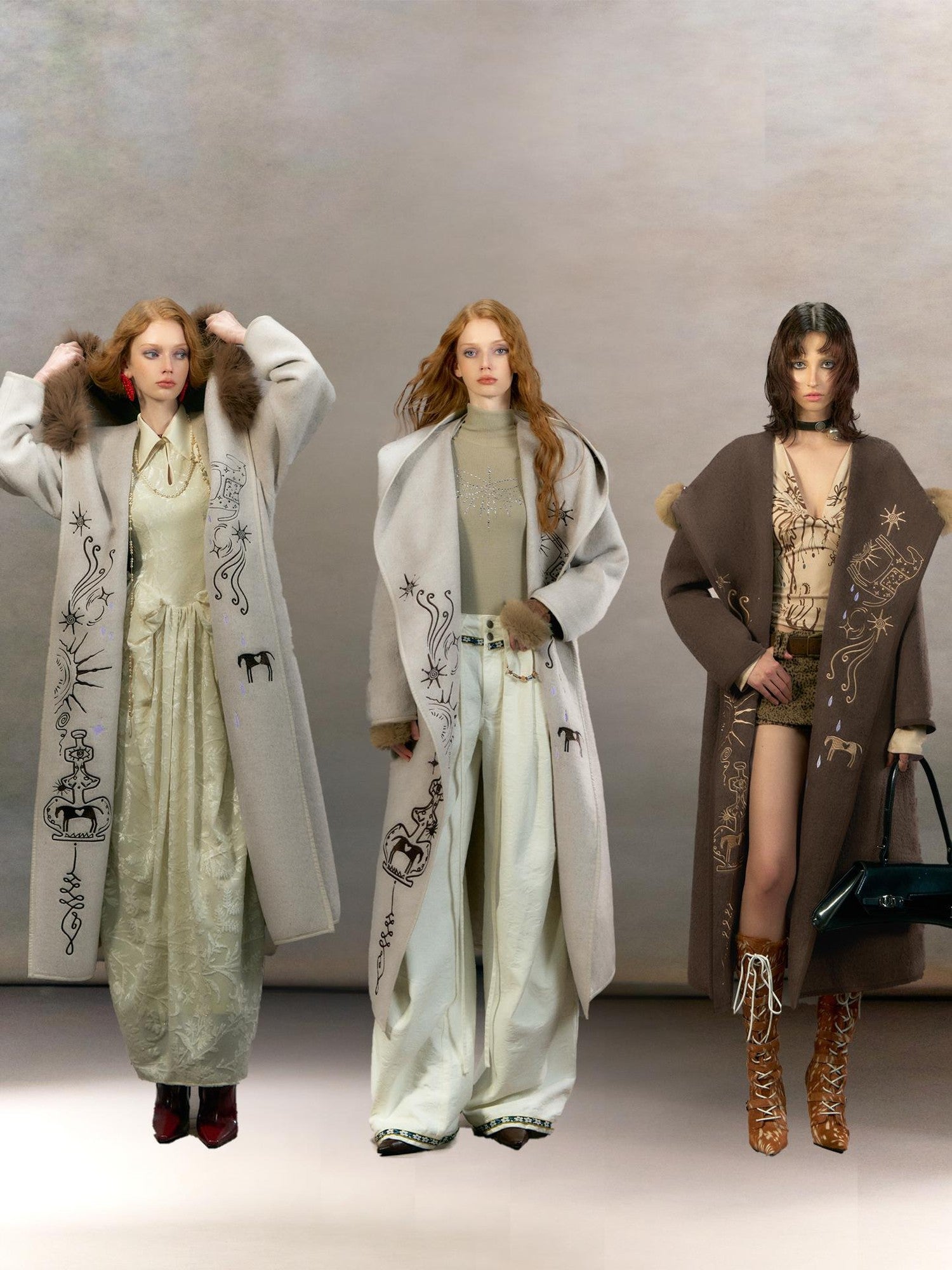 OfAkiva Embroidered Mystic Oversized Woolen Hooded Mid Length Women Brown Coat