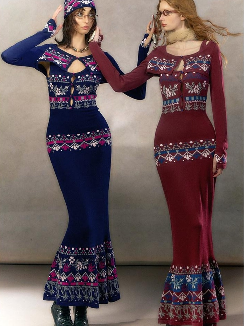 OfAkiva Exquisite High Waist Two Piece Knit Mermaid Long Sleeve Women Maxi Dresses