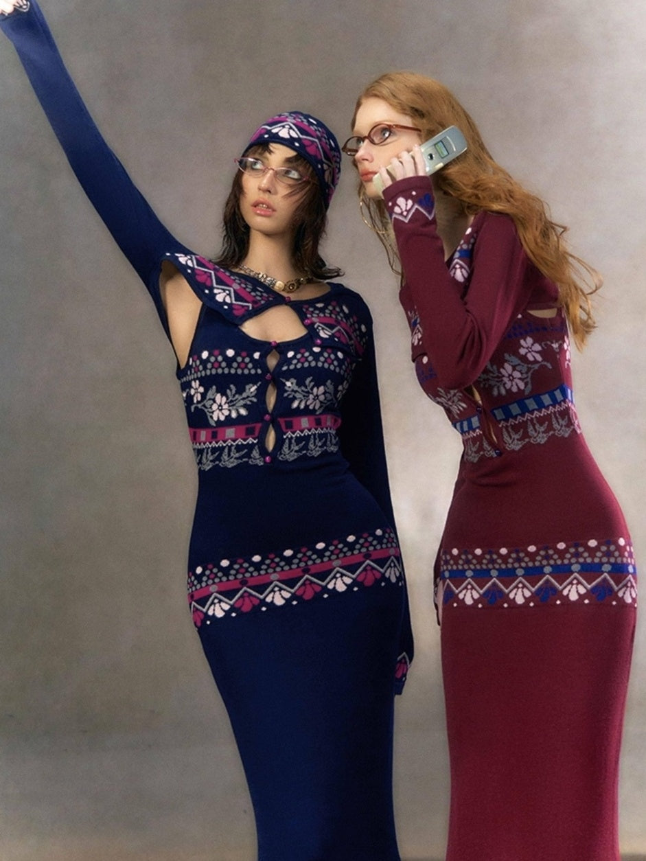 OfAkiva Exquisite High Waist Two Piece Knit Mermaid Long Sleeve Women Maxi Dresses