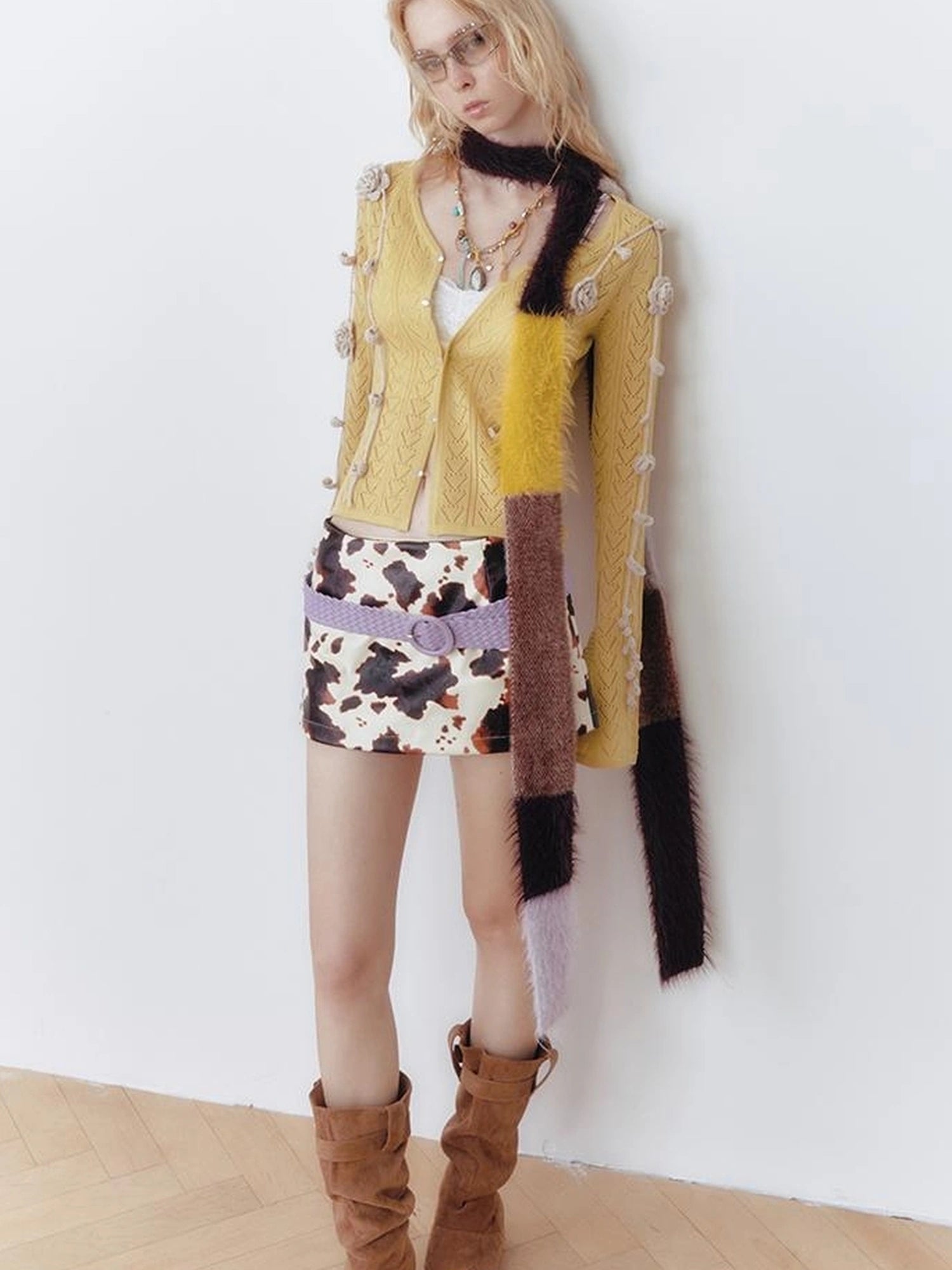 OfAkiva Fantasy Weave Color Block Cow Print Scarf