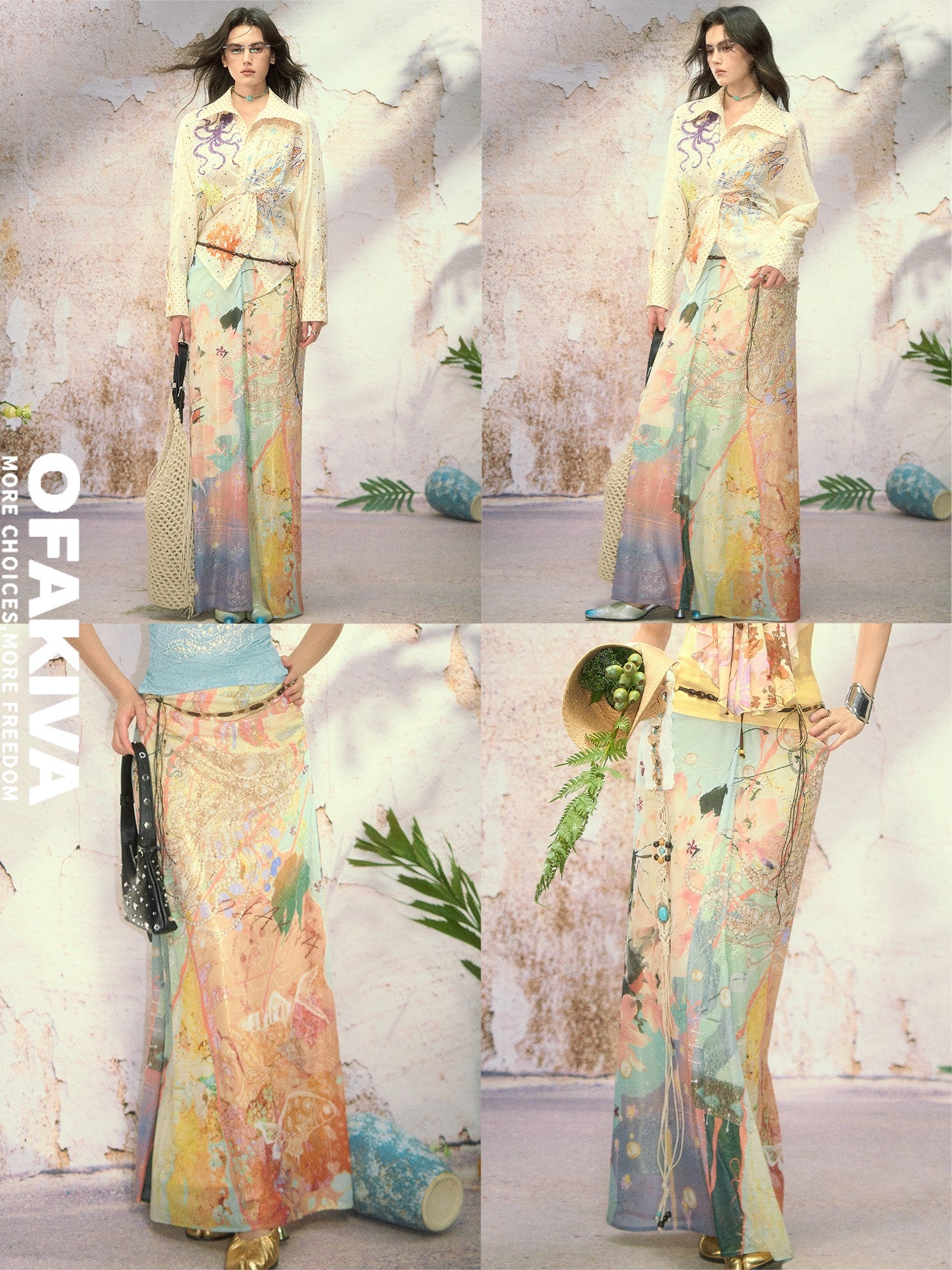 OfAkiva Fine Sparkle Dream Print Pleated V Waist Slimming A Line Women&