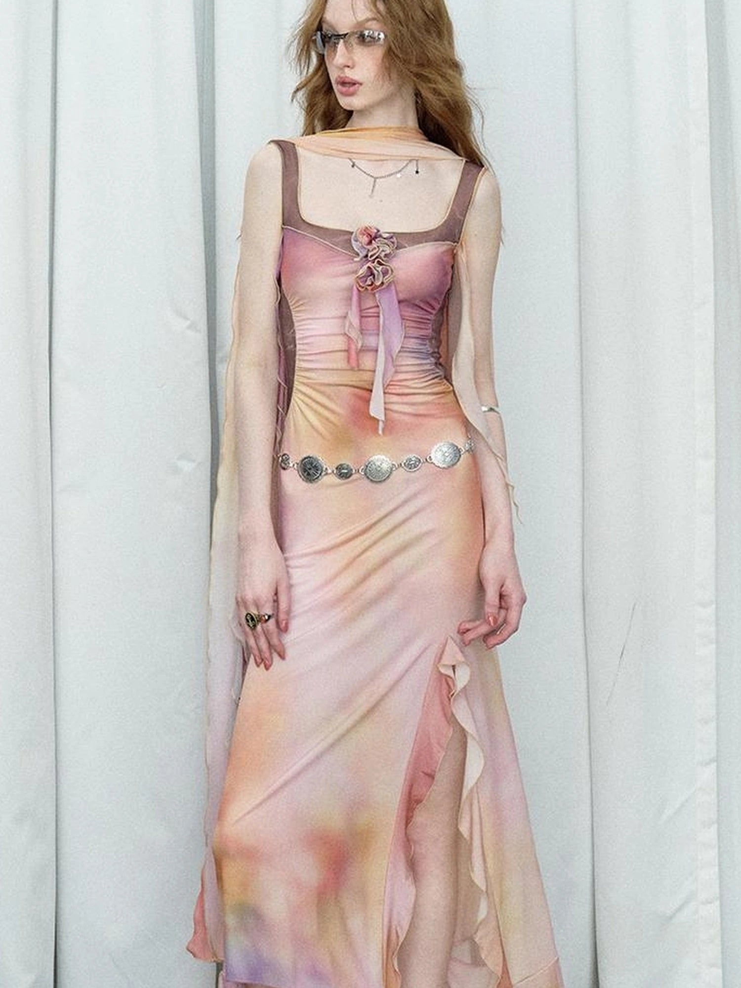 OfAkiva Floral Chiffon Knit Wrap Dress