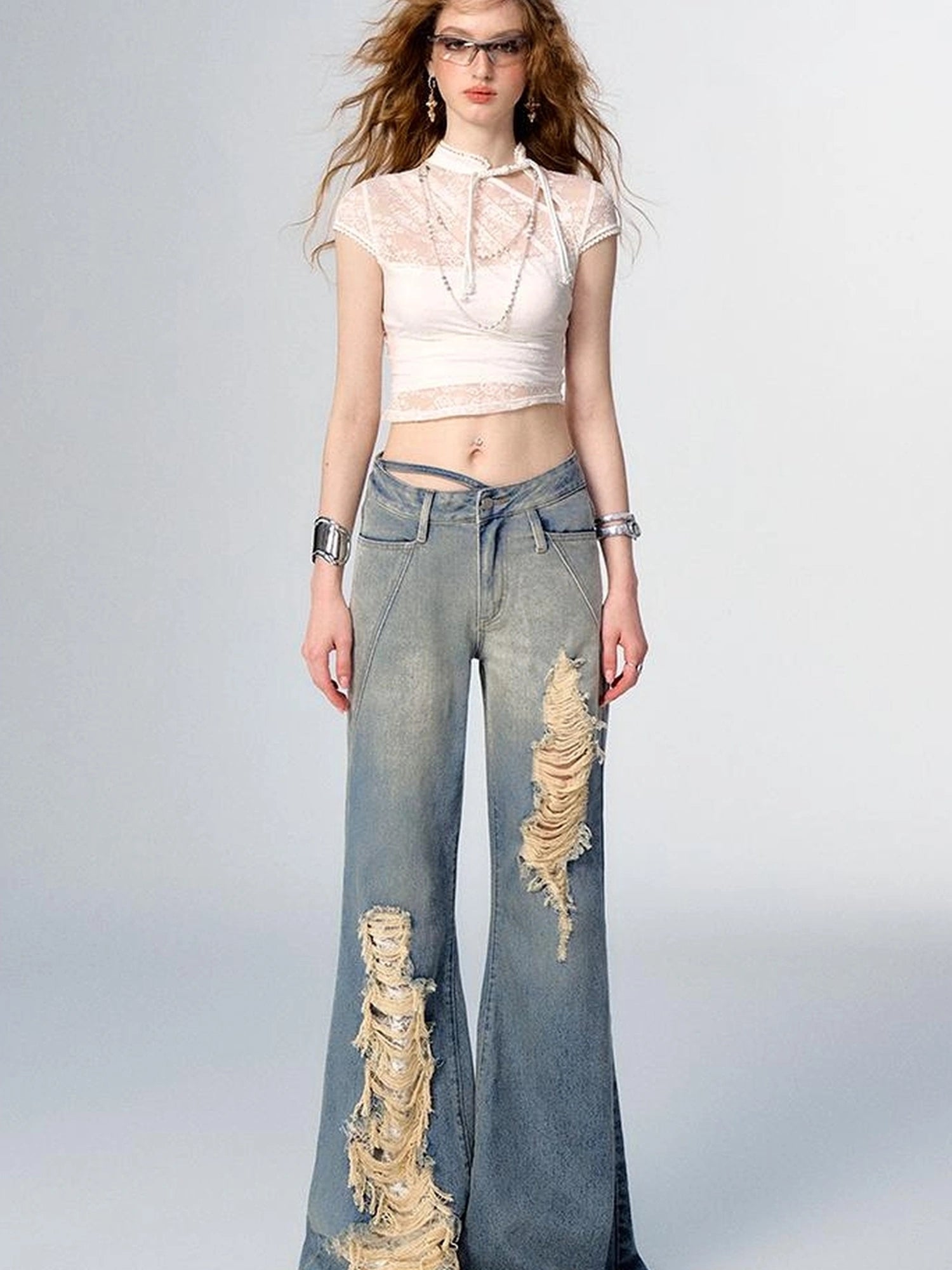 Floral Lace Mandarin Collar Tee