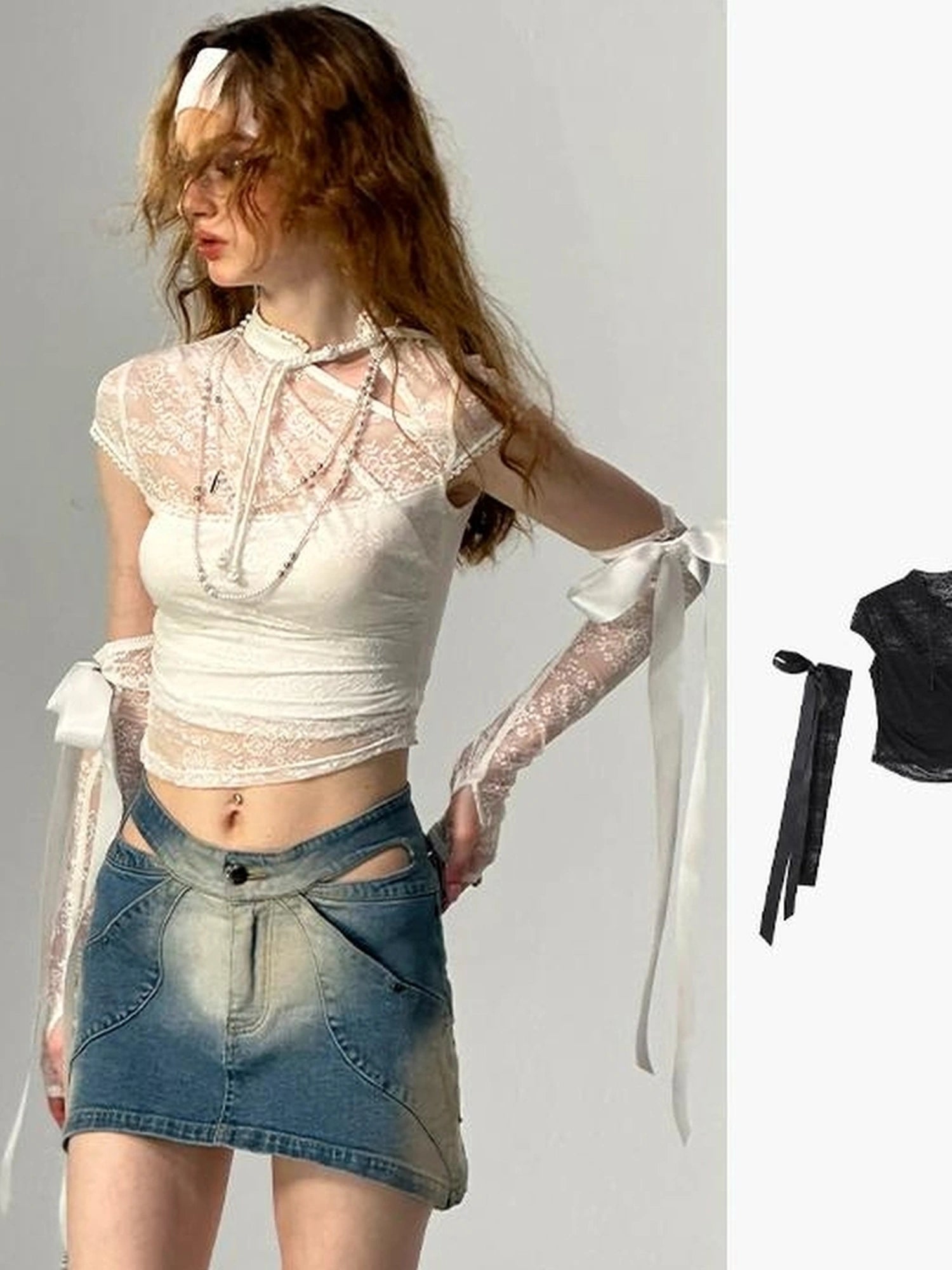 Floral Lace Mandarin Collar Tee