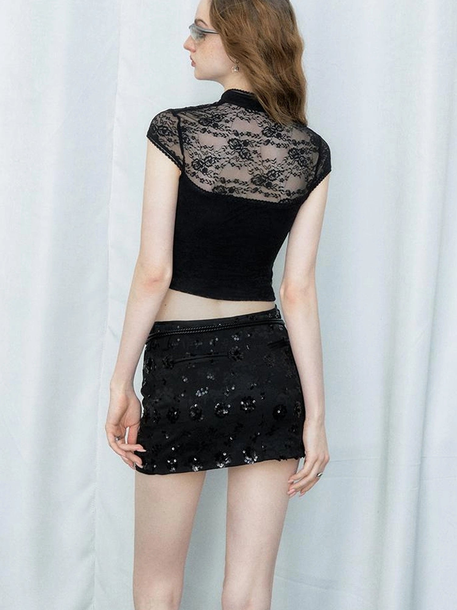 Floral Lace Mandarin Collar Tee