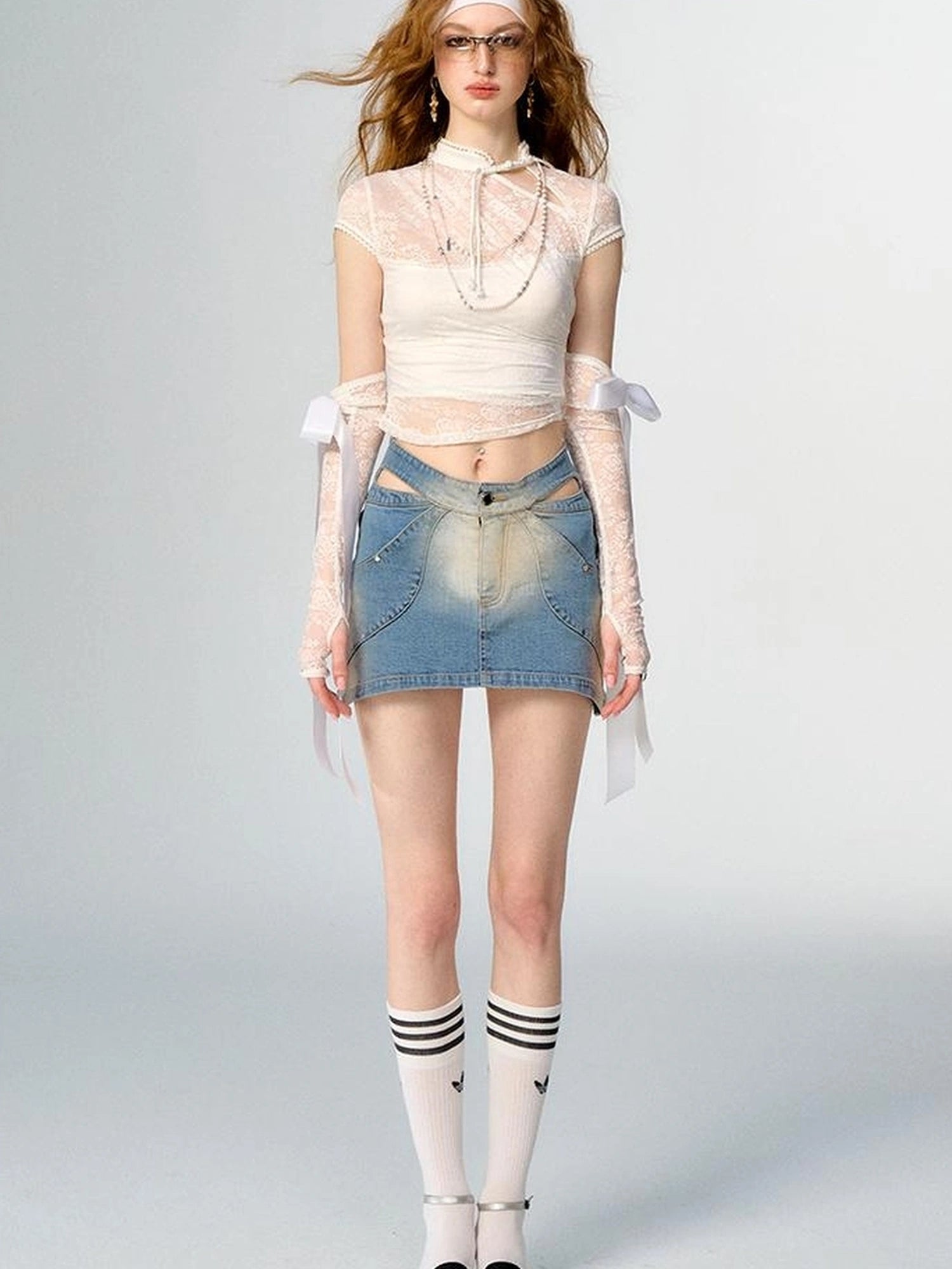 Floral Lace Mandarin Collar Tee