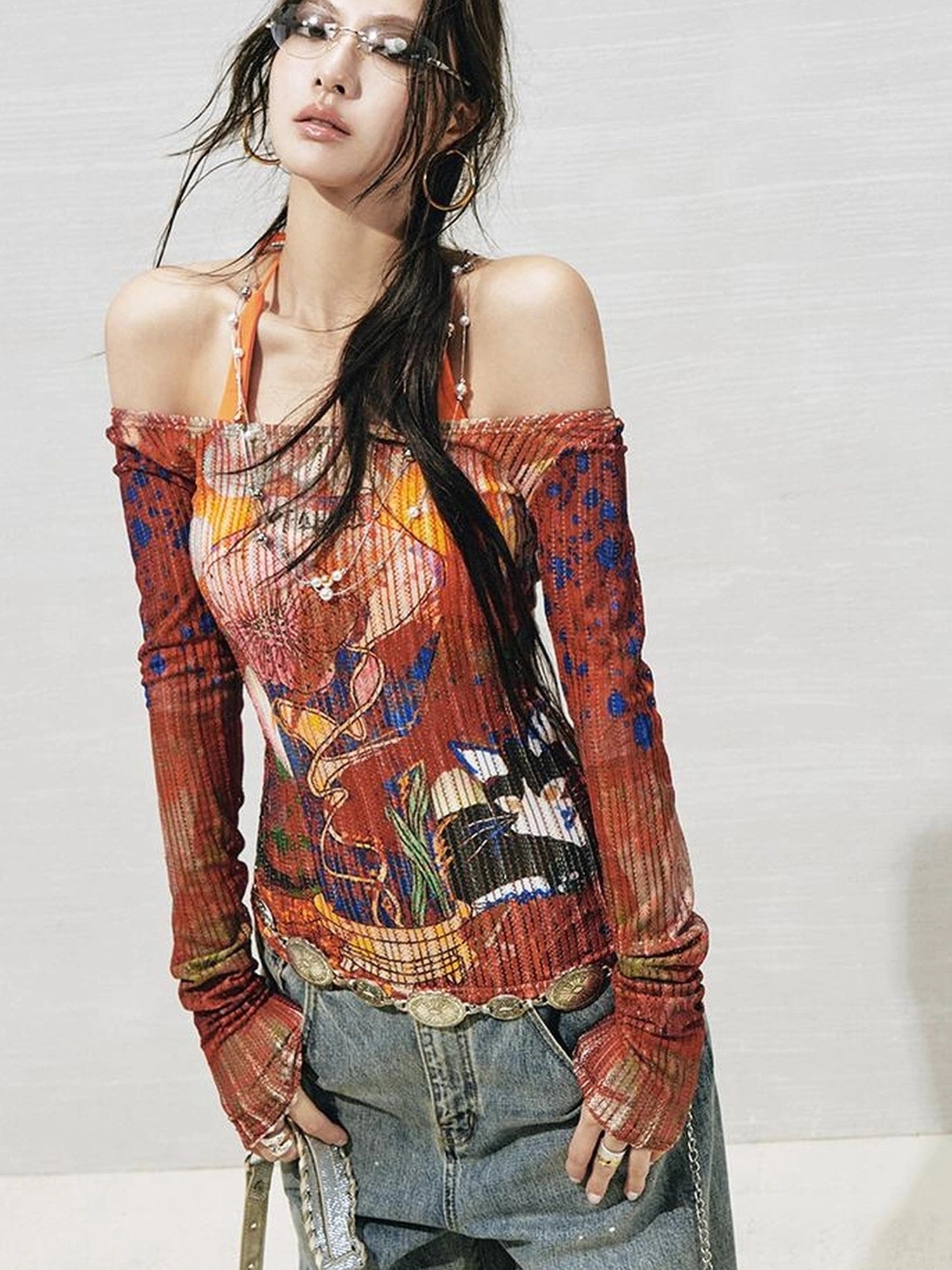 OfAkiva Floral Lace Shoulder Cutout Fitted Top