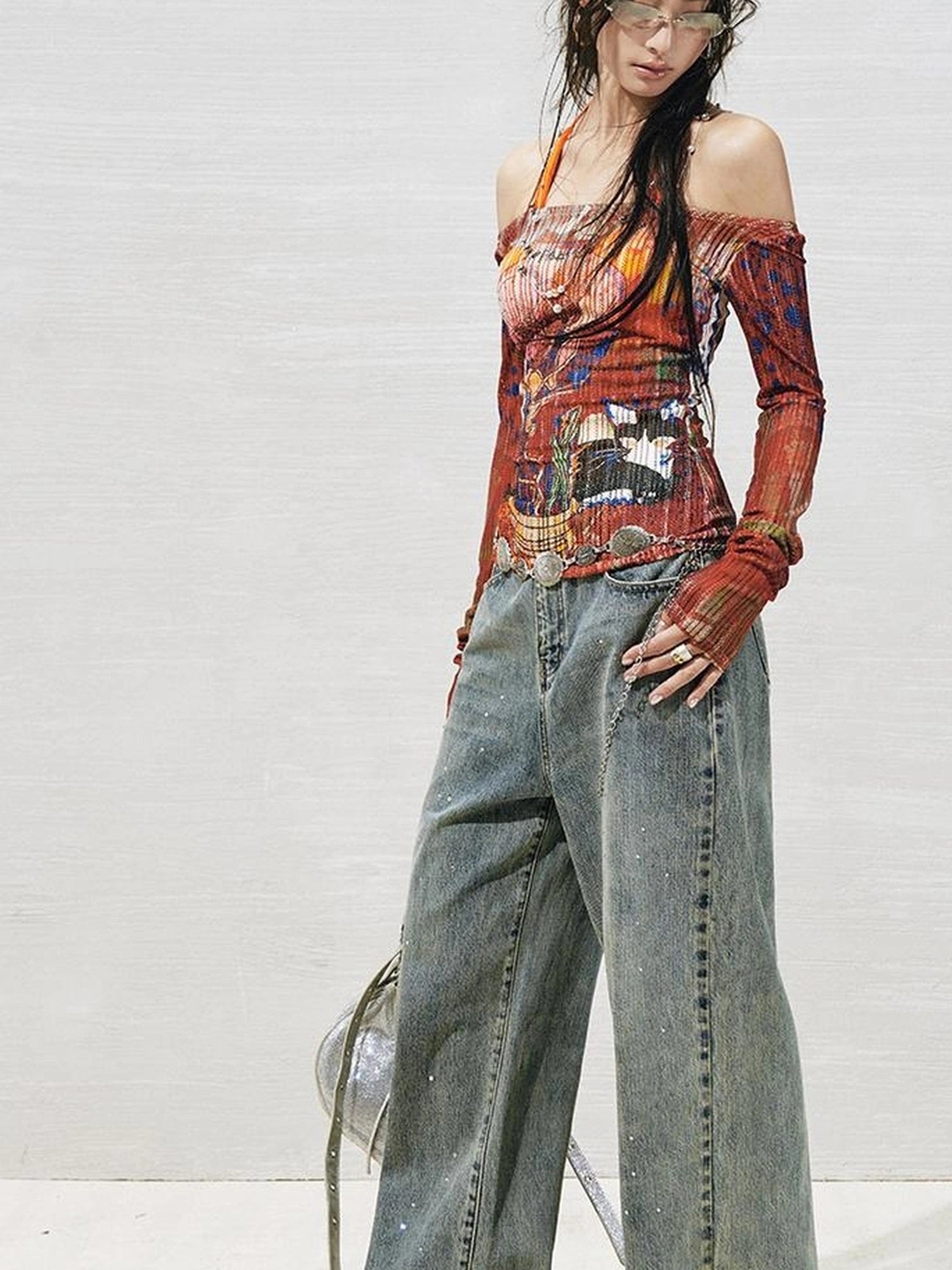 OfAkiva Floral Lace Shoulder Cutout Fitted Top