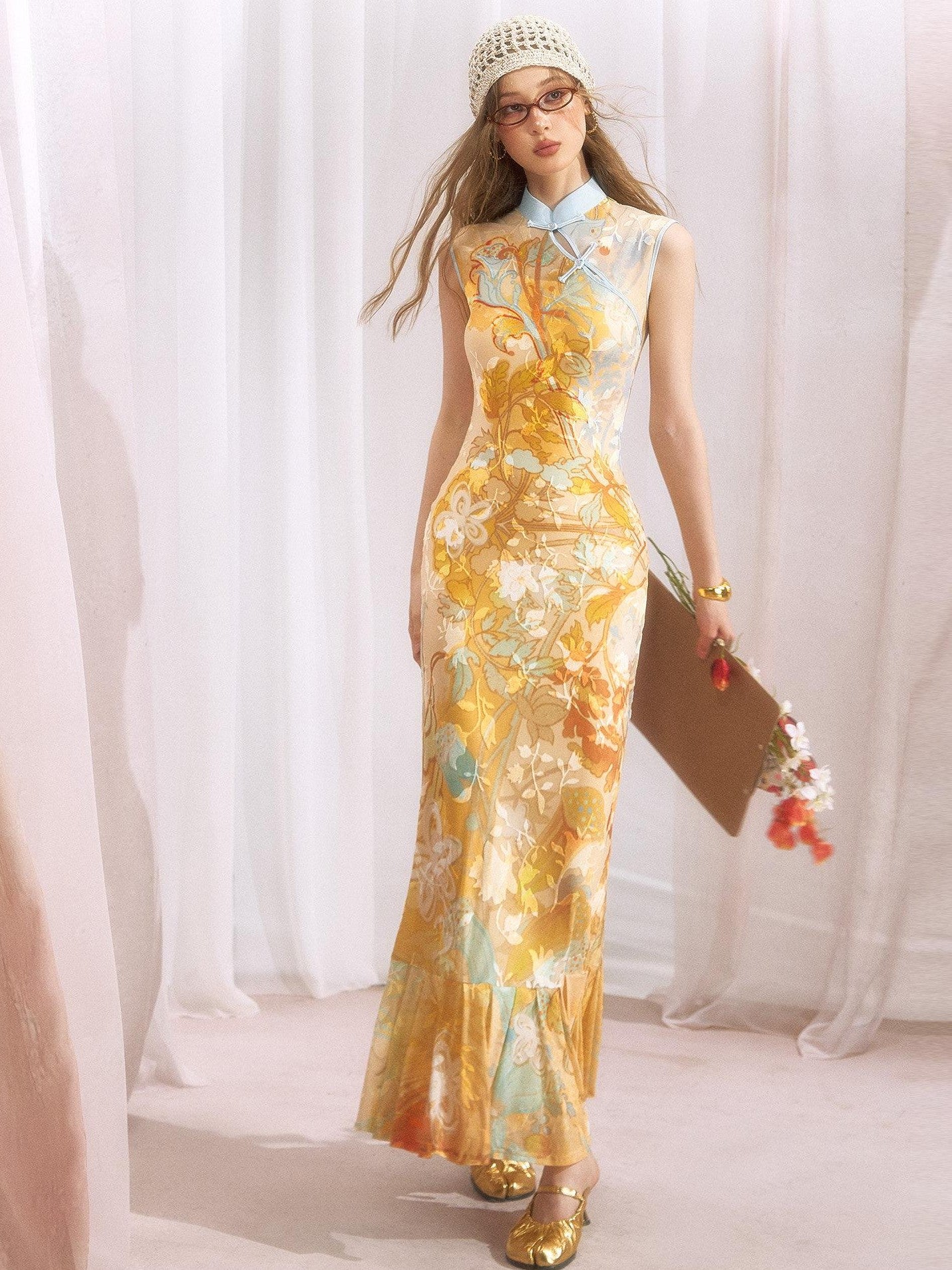 OfAkiva Floral Print Cheongsam Mermaid Women&