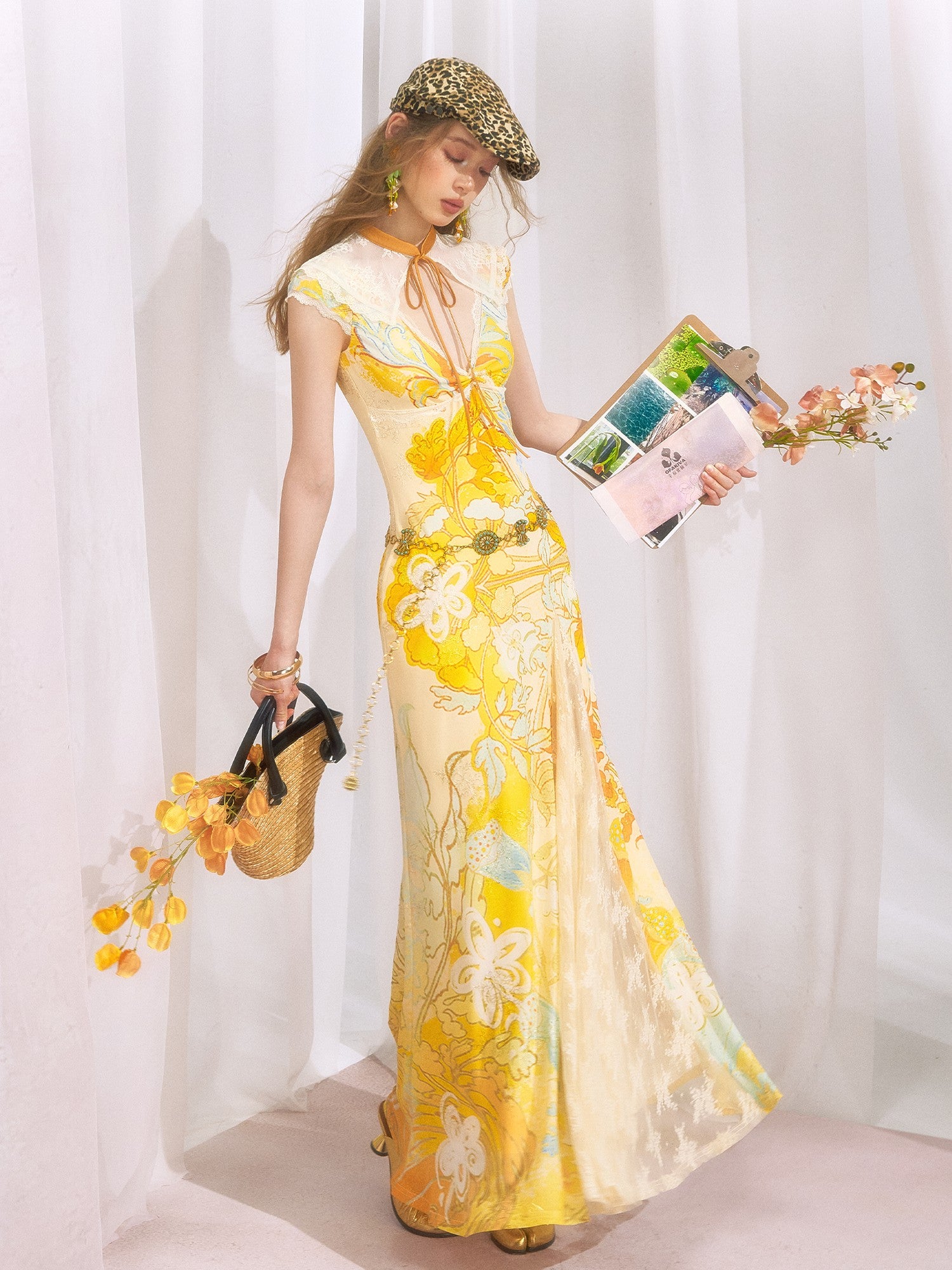 OfAkiva Floral Print Gold Embroidery Women&