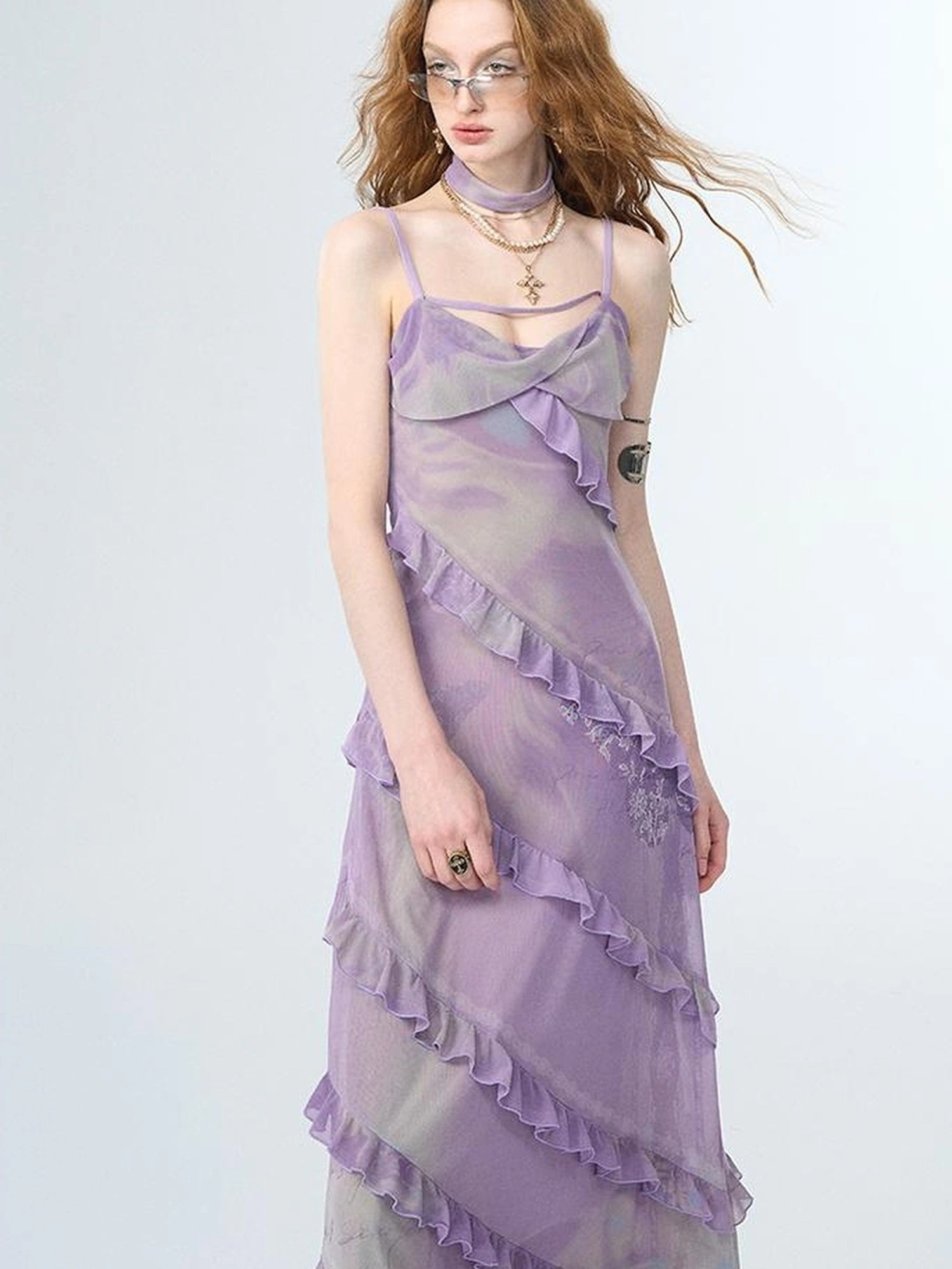 OfAkiva Floral Print Mesh French Slip V-neck Dress