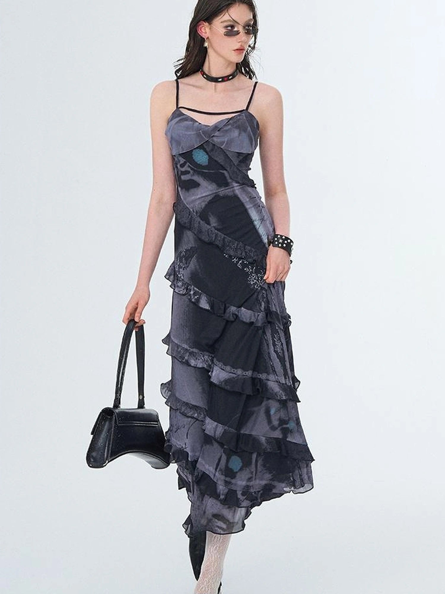 OfAkiva Floral Print Mesh French Slip V-neck Dress