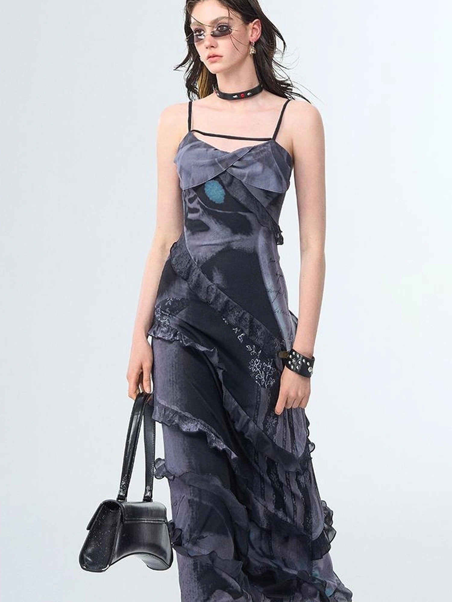 OfAkiva Floral Print Mesh French Slip V-neck Dress