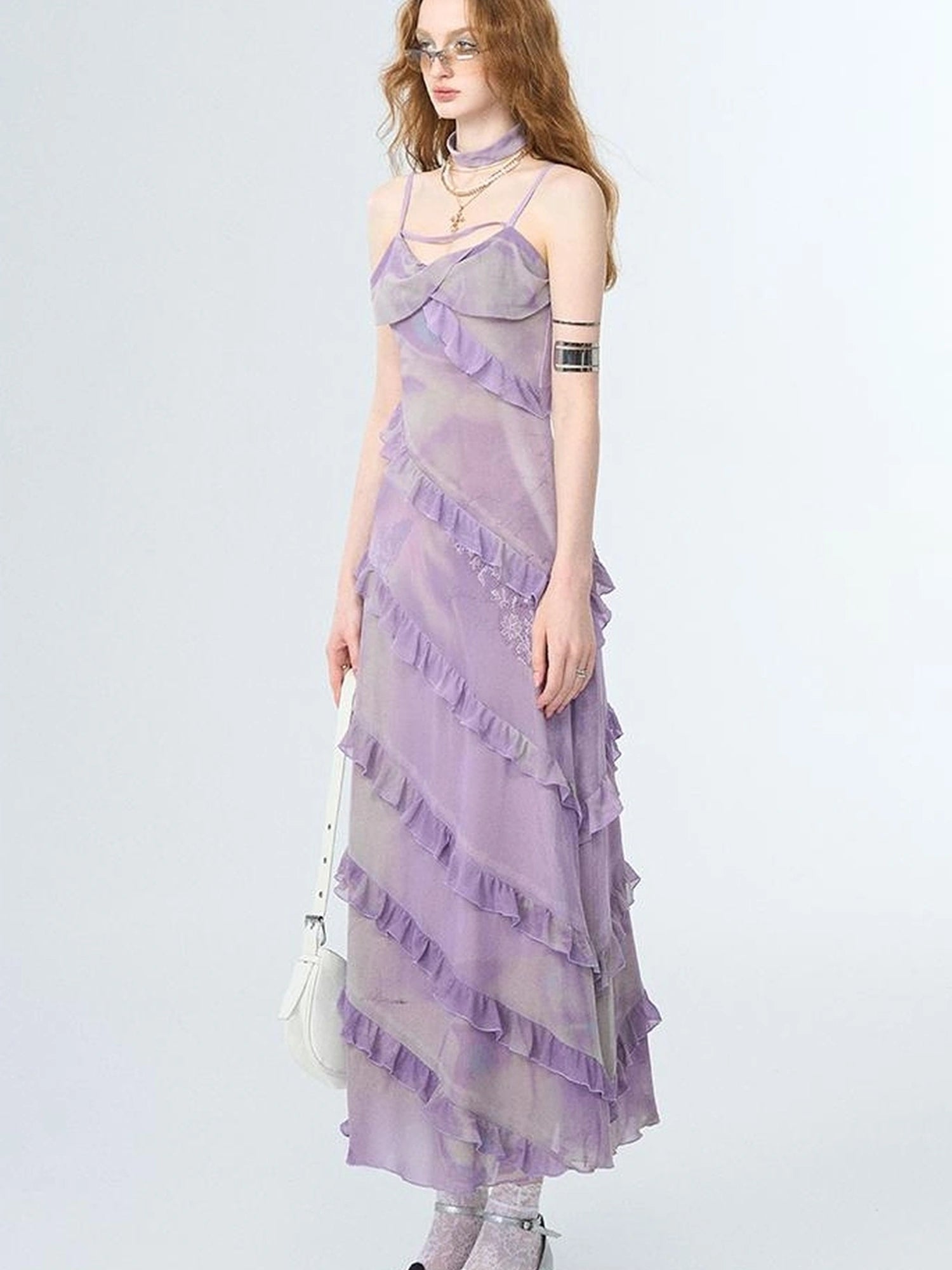 OfAkiva Floral Print Mesh French Slip V-neck Dress