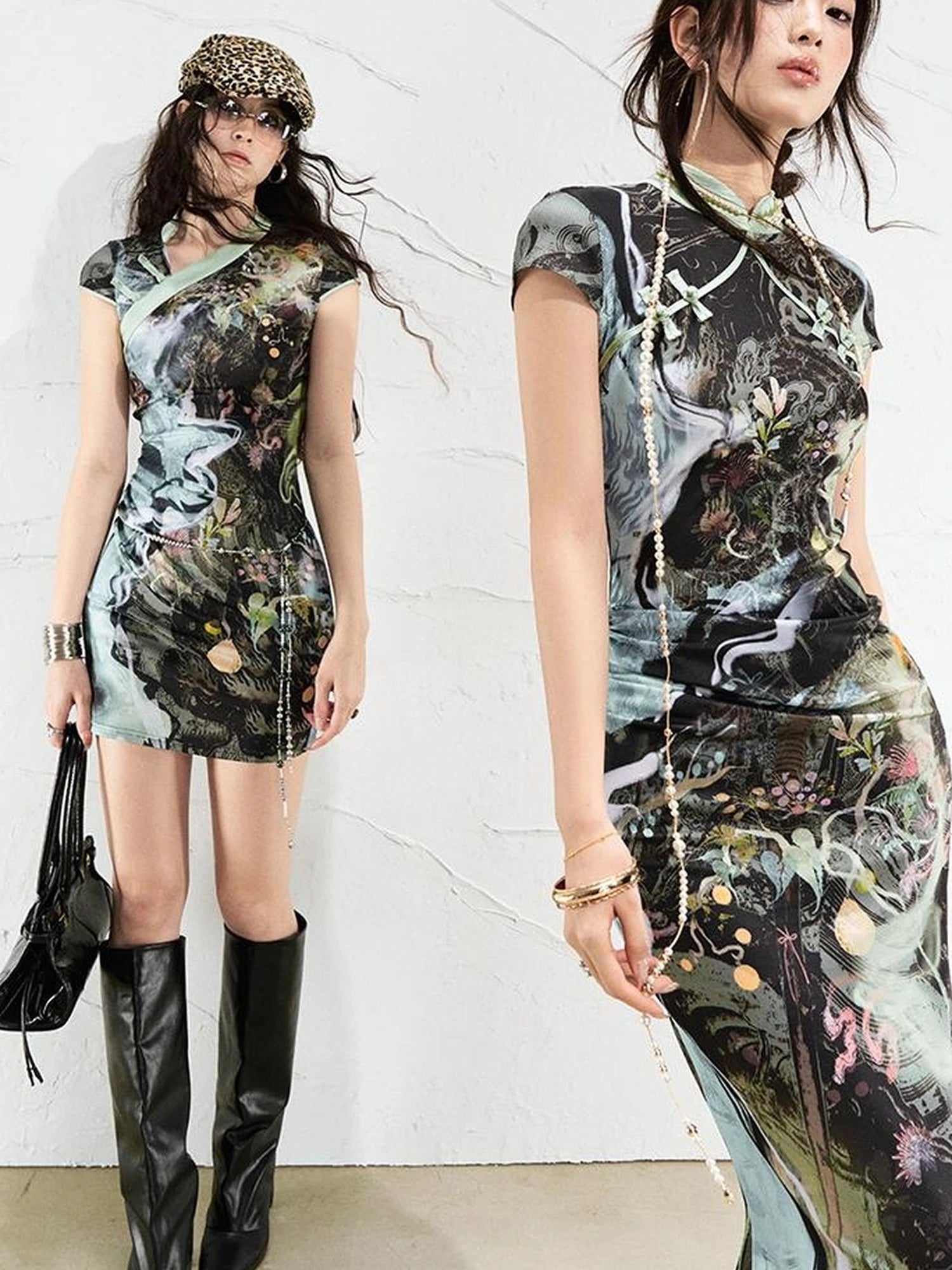 OfAkiva Floral River Print Slant Collar Qipiao Dress