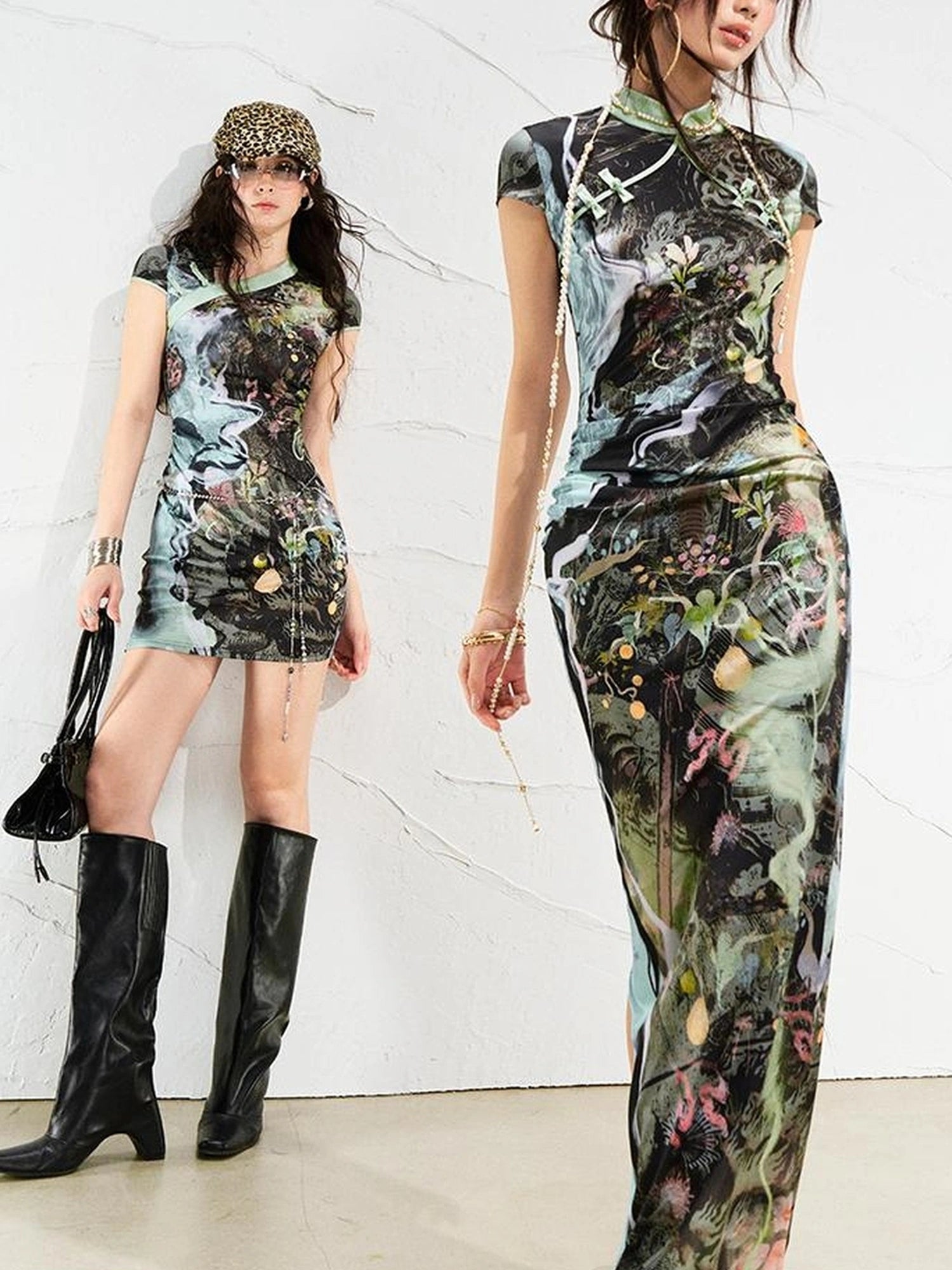 OfAkiva Floral River Print Slant Collar Qipiao Dress