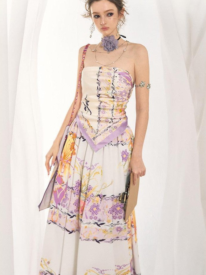 OfAkiva Floral Strapless Flared A Line Slim Fit Two Piece Women&