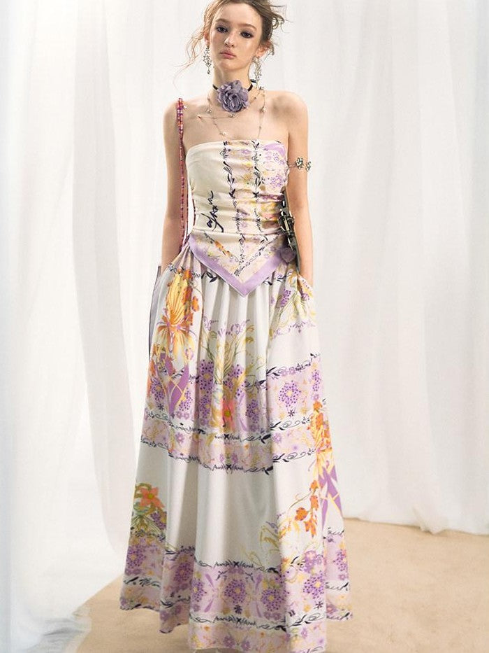 OfAkiva Floral Strapless Flared A Line Slim Fit Two Piece Women&