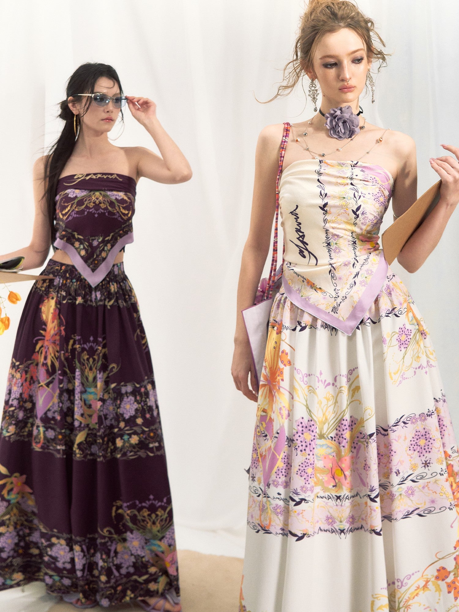 OfAkiva Floral Strapless Flared A Line Slim Fit Two Piece Women&