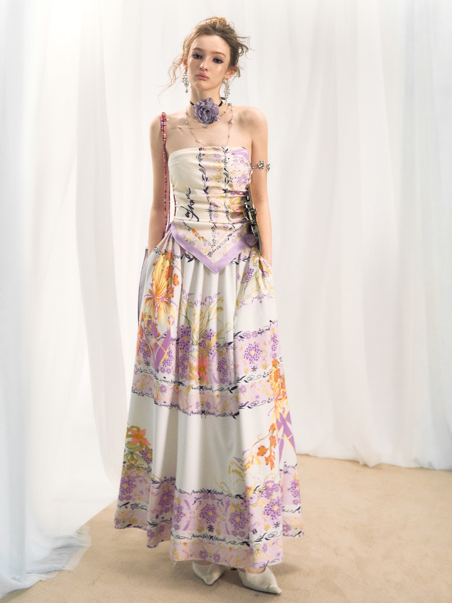 OfAkiva Floral Strapless Flared A Line Slim Fit Two Piece Women&