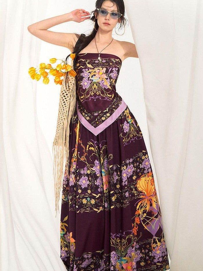 OfAkiva Floral Strapless Flared A Line Slim Fit Two Piece Women&