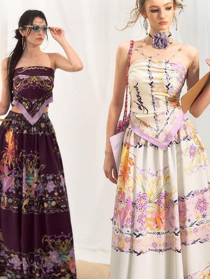 OfAkiva Floral Strapless Flared A Line Slim Fit Two Piece Women&