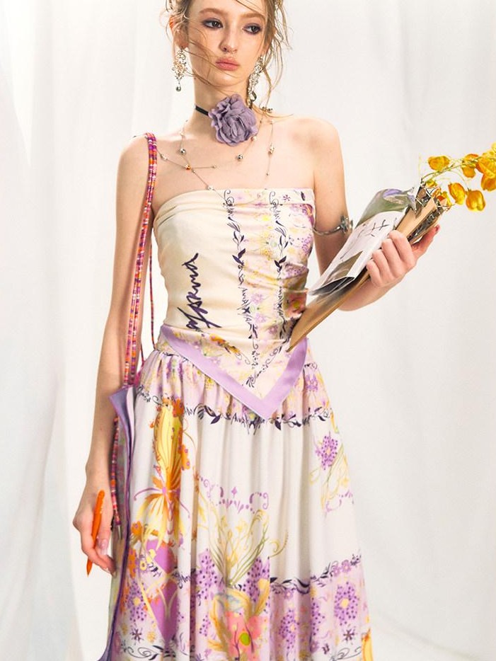 OfAkiva Floral Strapless Flared A Line Slim Fit Two Piece Women&