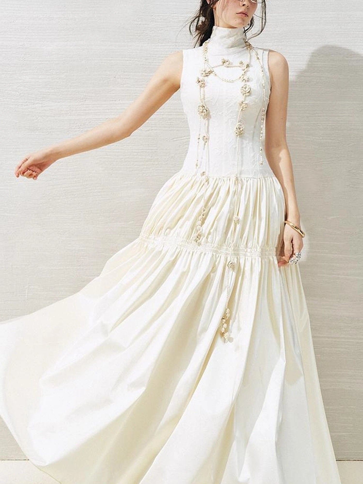 OfAkiva Floral Vine Smocked Floral Print V-neck T-shirt Long Sleeve Dress