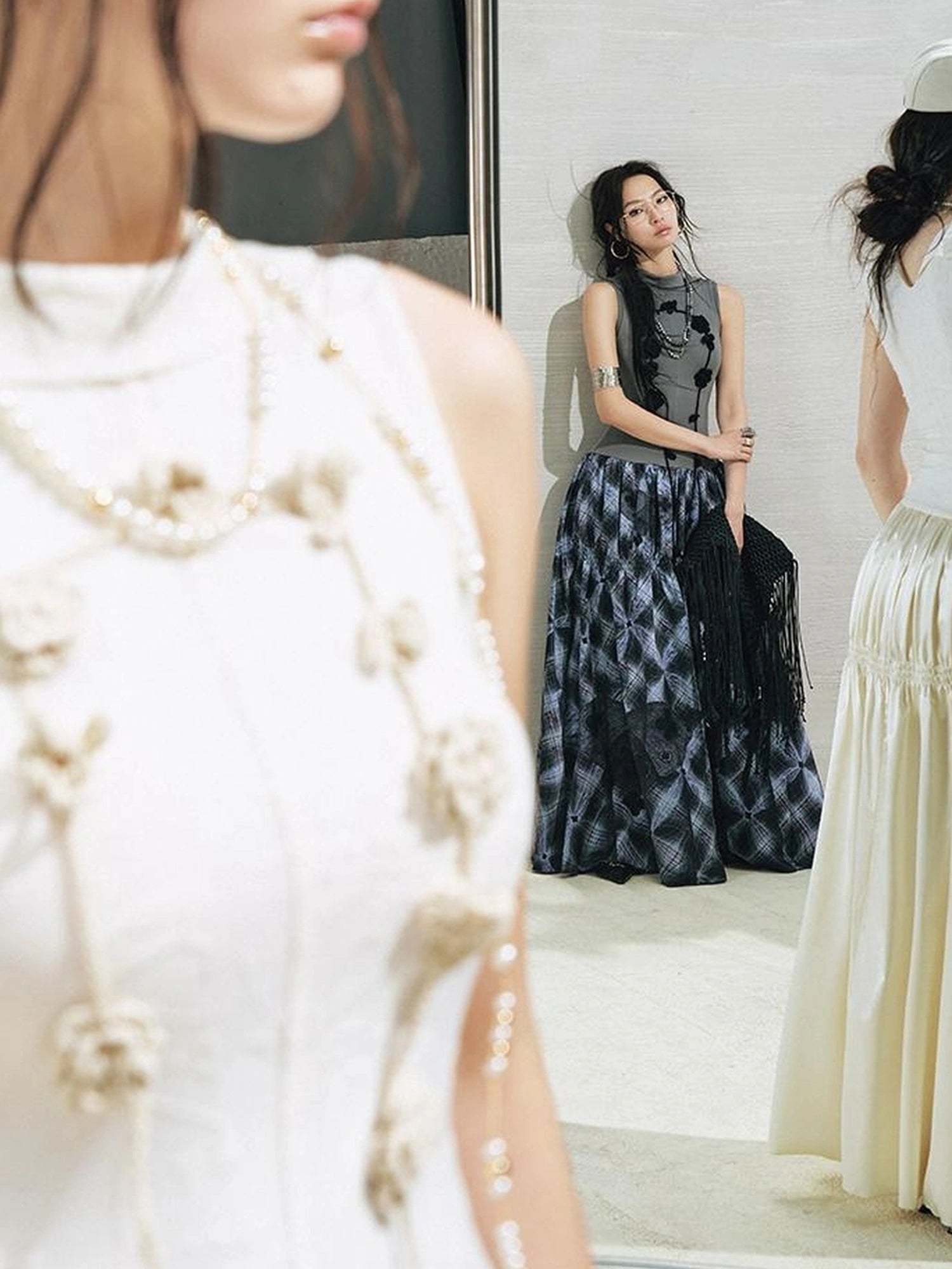 OfAkiva Floral Vine Smocked Floral Print V-neck T-shirt Long Sleeve Dress