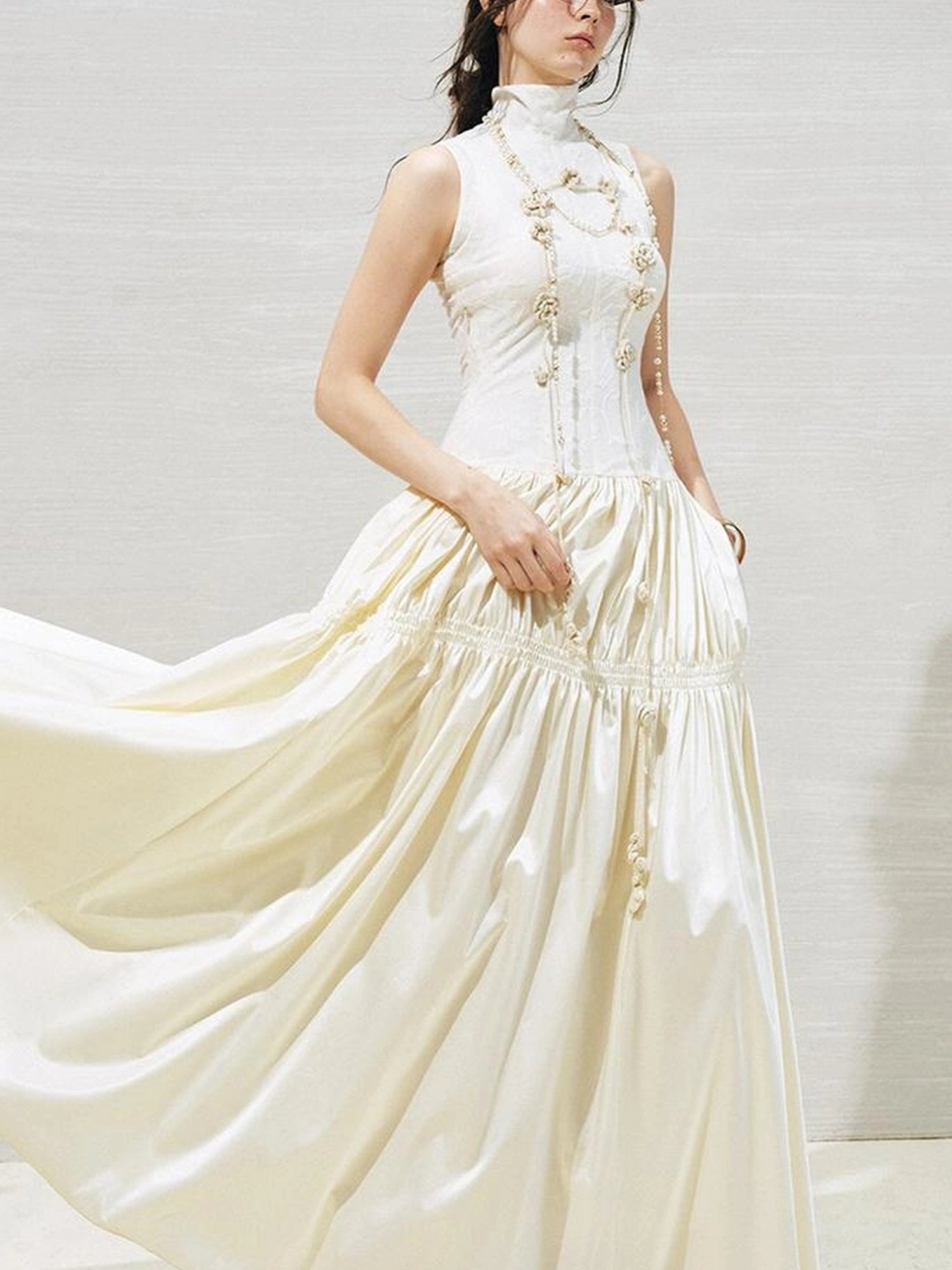 OfAkiva Floral Vine Smocked Floral Print V-neck T-shirt Long Sleeve Dress