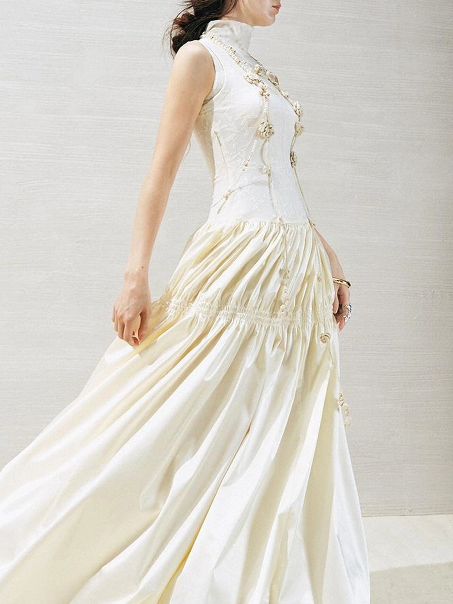 OfAkiva Floral Vine Smocked Floral Print V-neck T-shirt Long Sleeve Dress