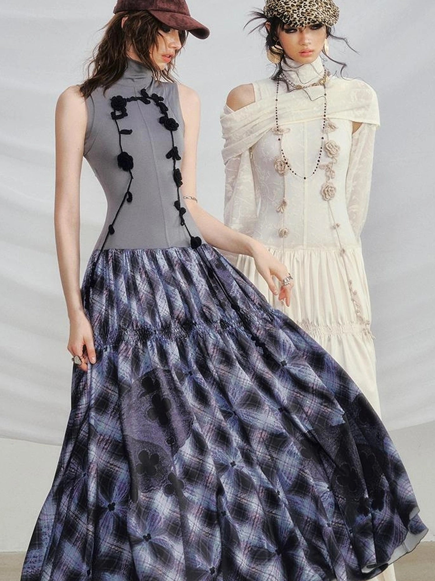 OfAkiva Floral Vine Smocked Floral Print V-neck T-shirt Long Sleeve Dress