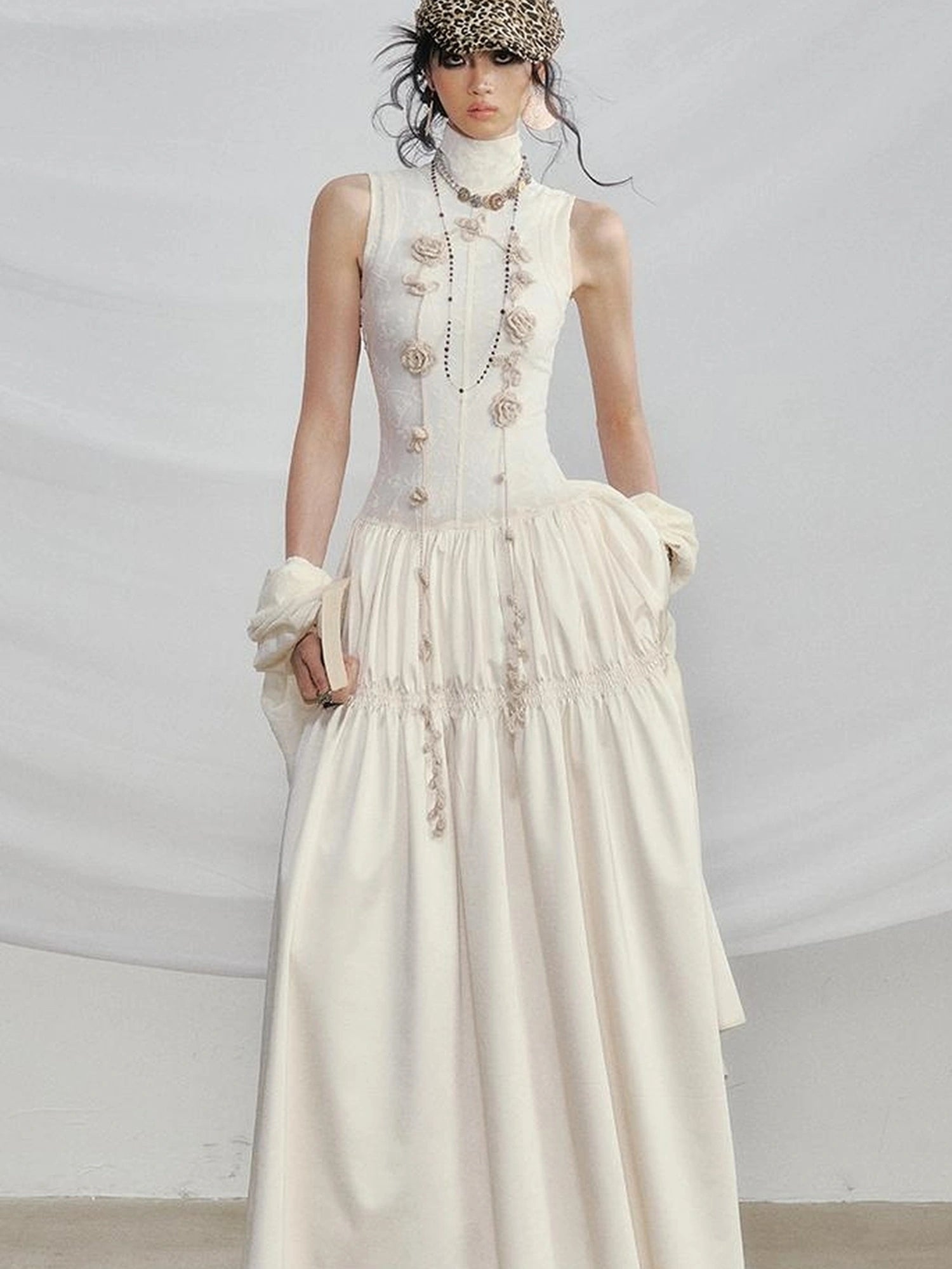 OfAkiva Floral Vine Smocked Floral Print V-neck T-shirt Long Sleeve Dress