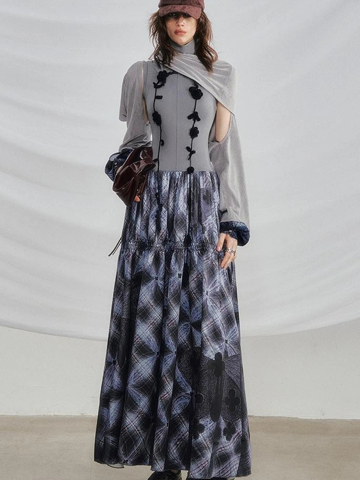 OfAkiva Floral Vine Smocked Floral Print V-neck T-shirt Long Sleeve Dress