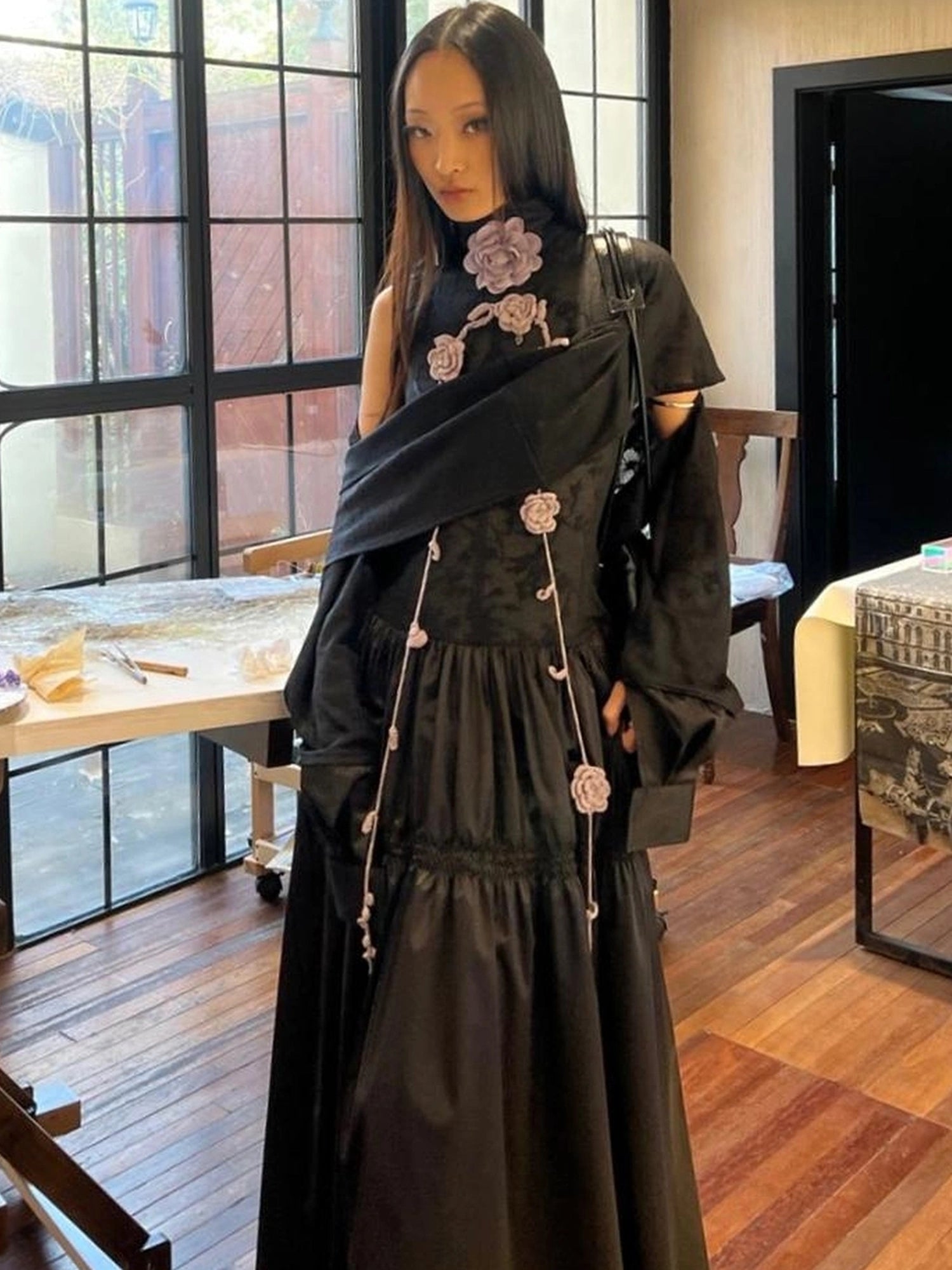 OfAkiva Floral Vine Smocked Floral Print V-neck T-shirt Long Sleeve Dress