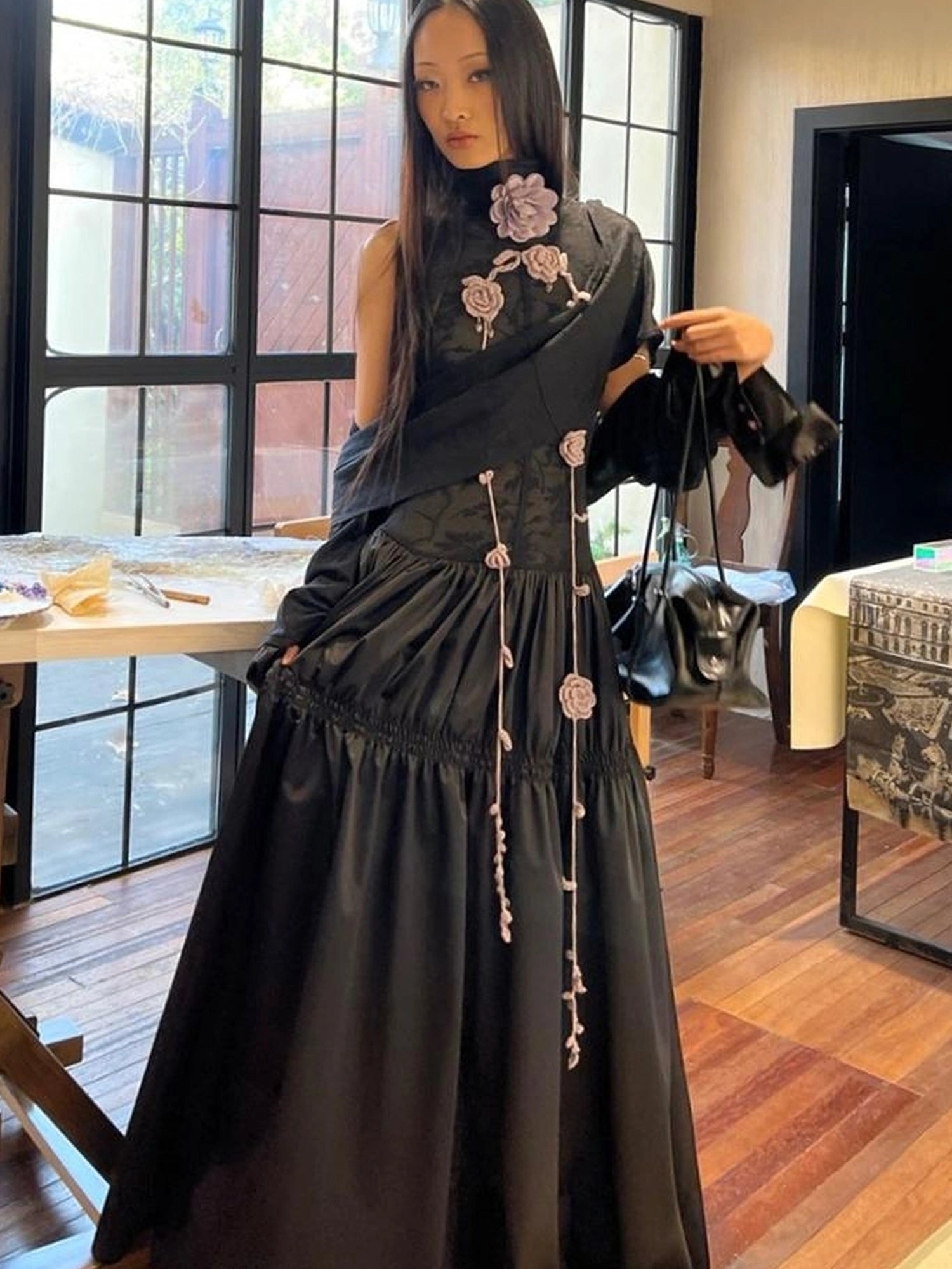 OfAkiva Floral Vine Smocked Floral Print V-neck T-shirt Long Sleeve Dress