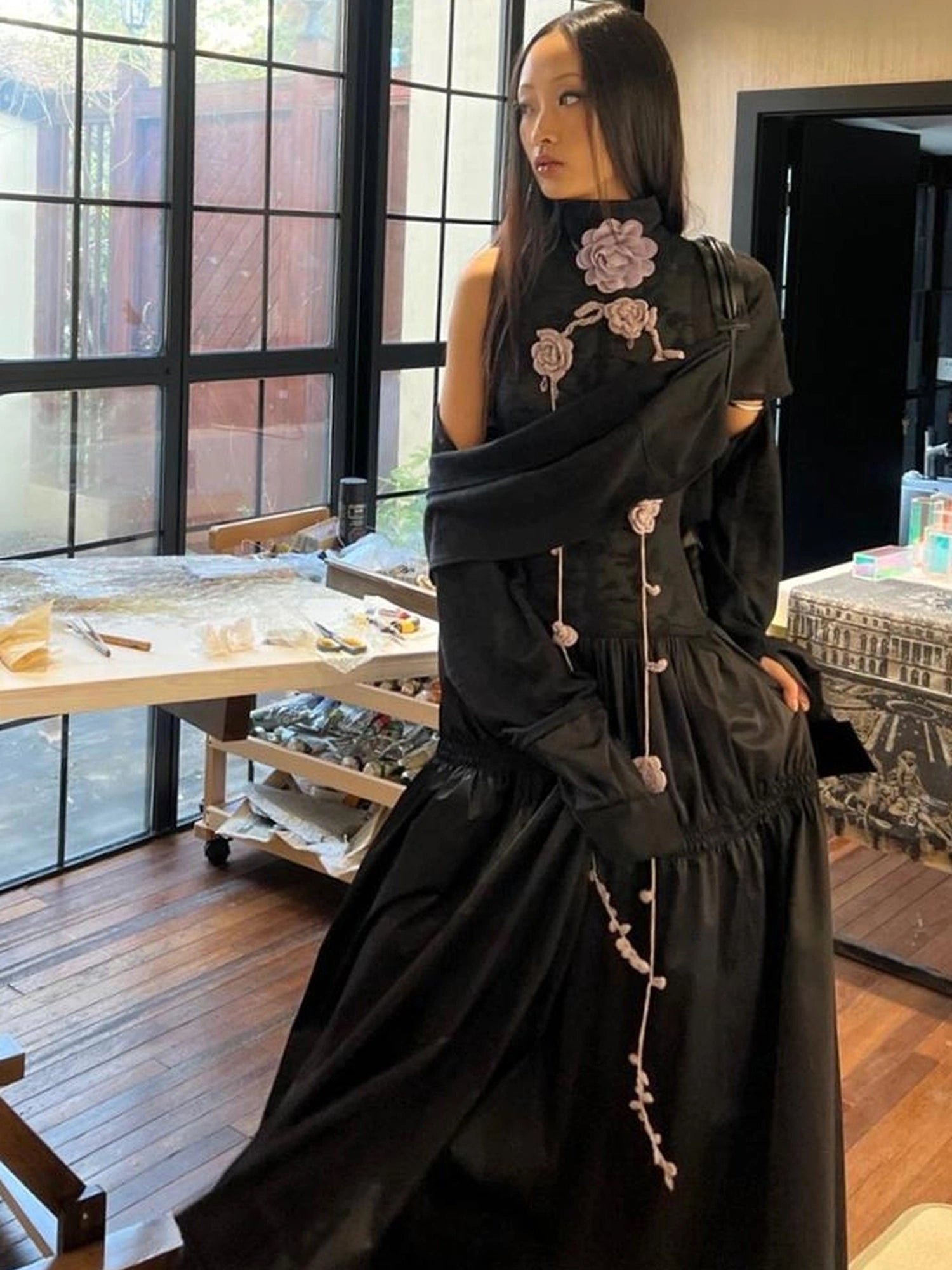 OfAkiva Floral Vine Smocked Floral Print V-neck T-shirt Long Sleeve Dress