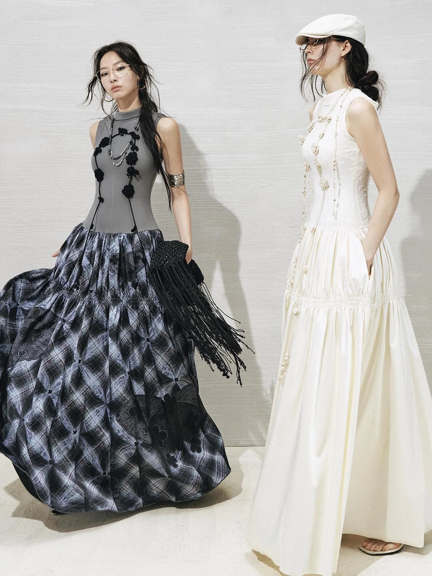 OfAkiva Floral Vine Smocked Floral Print V-neck T-shirt Long Sleeve Dress