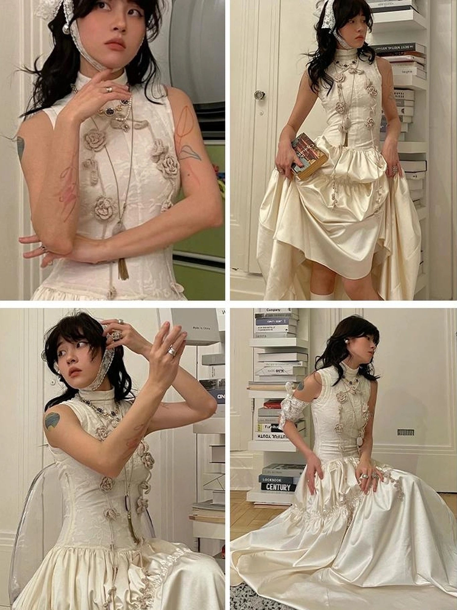 OfAkiva Floral Vine Smocked Floral Print V-neck T-shirt Long Sleeve Dress