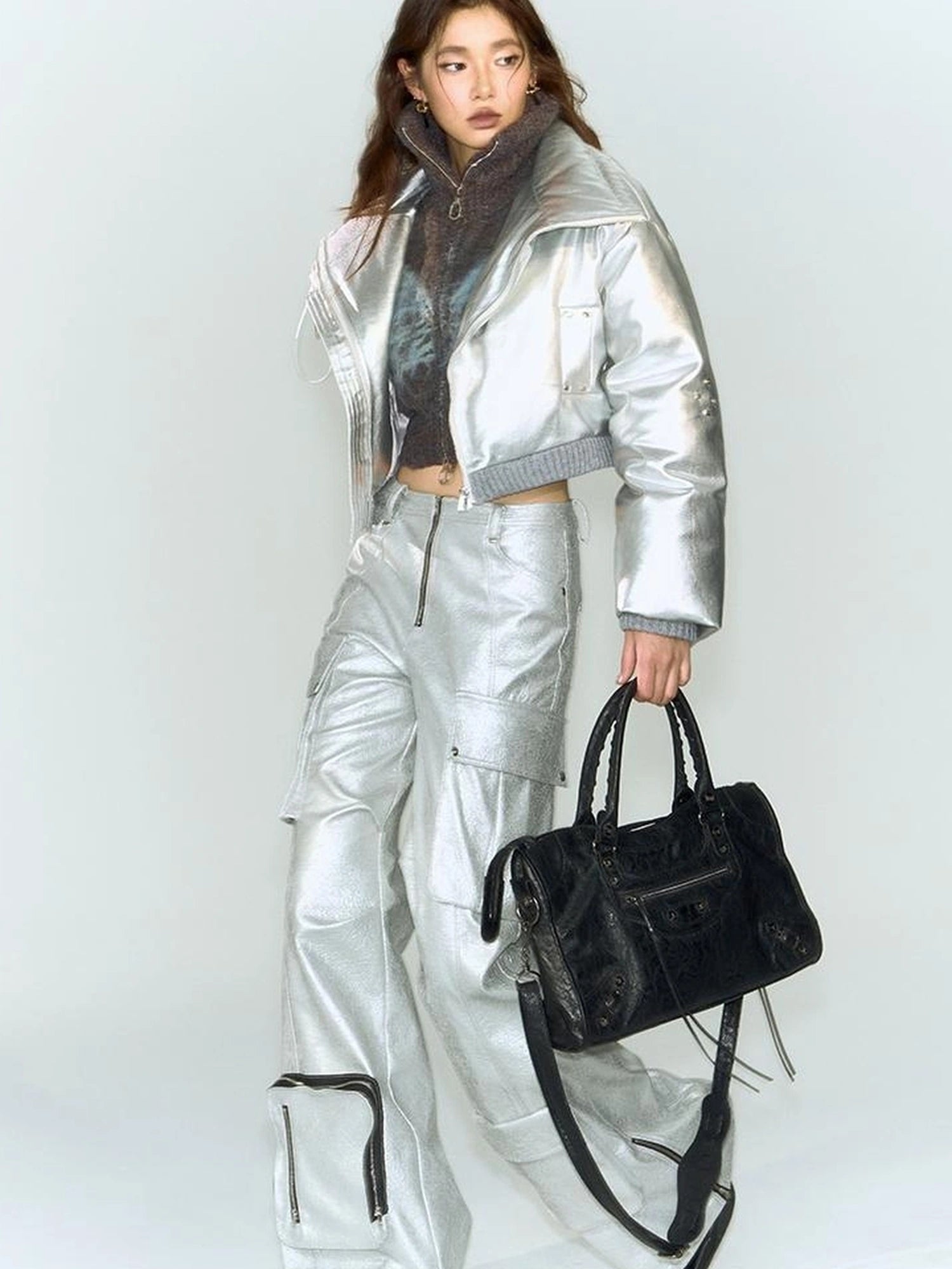 OfAkiva Fluid Sheen Metallic Short Puffer