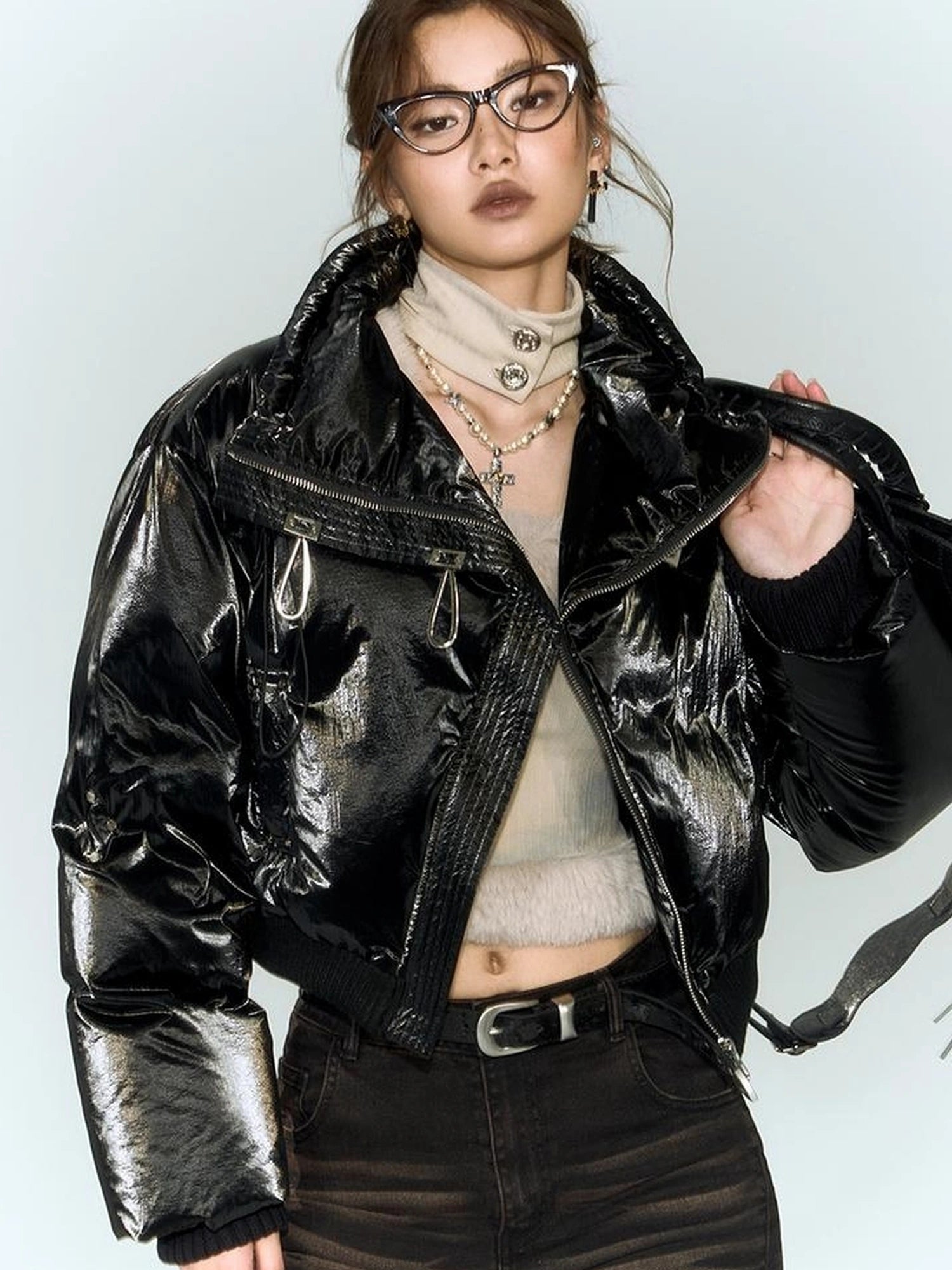 OfAkiva Fluid Sheen Metallic Short Puffer