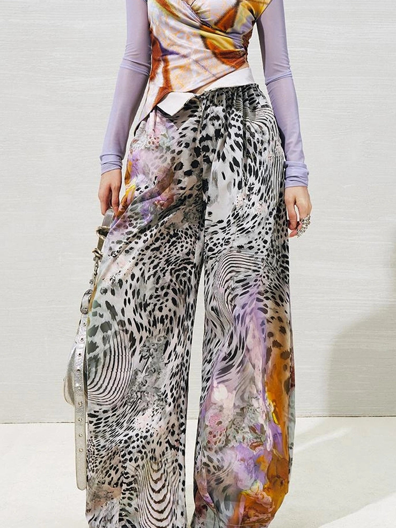 OfAkiva Folded Waist Sickle Pants With Illusion Leopard Print