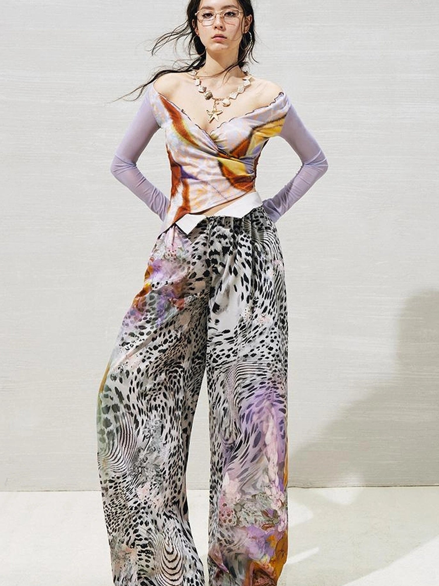 OfAkiva Folded Waist Sickle Pants With Illusion Leopard Print