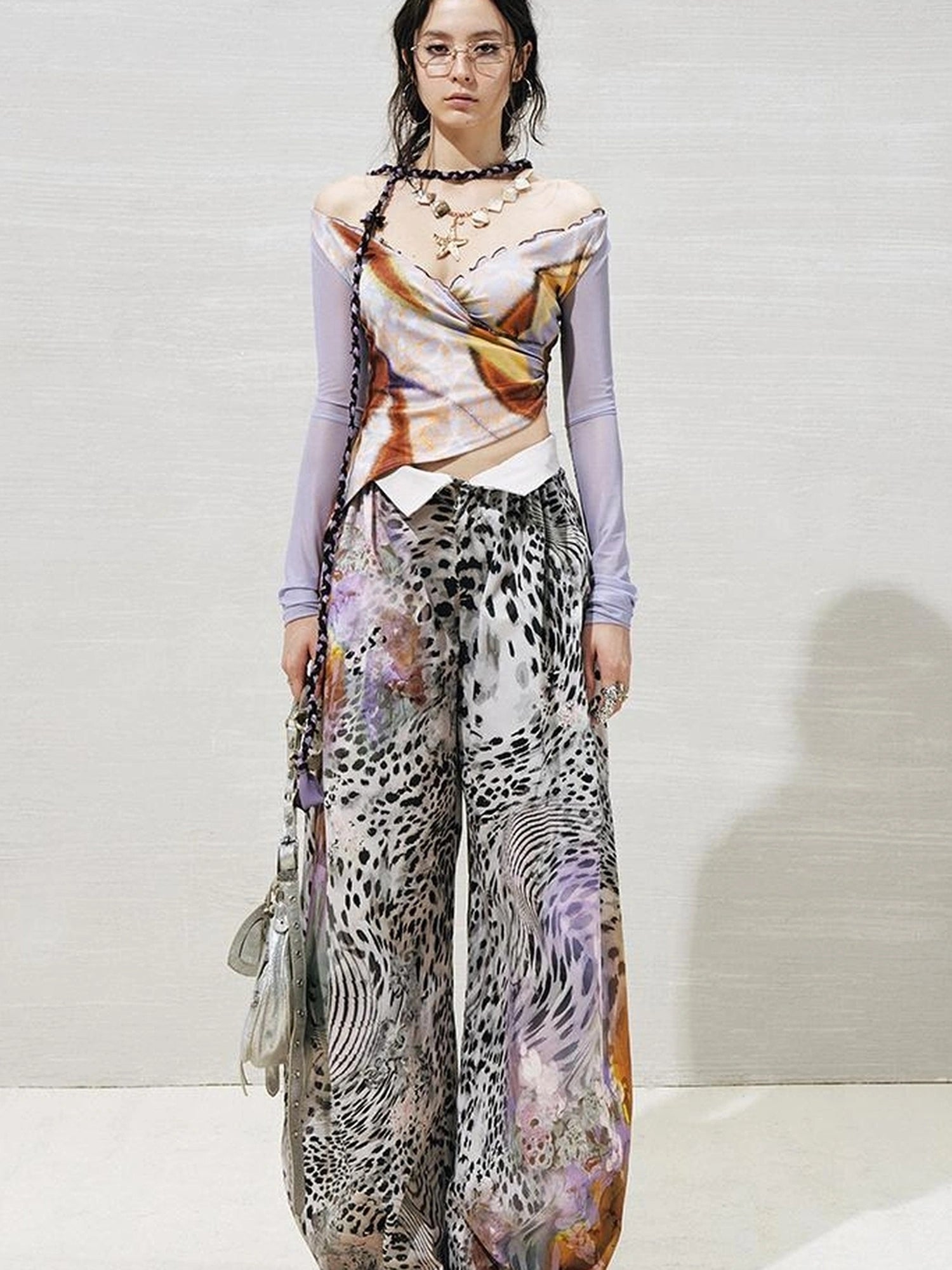 OfAkiva Folded Waist Sickle Pants With Illusion Leopard Print