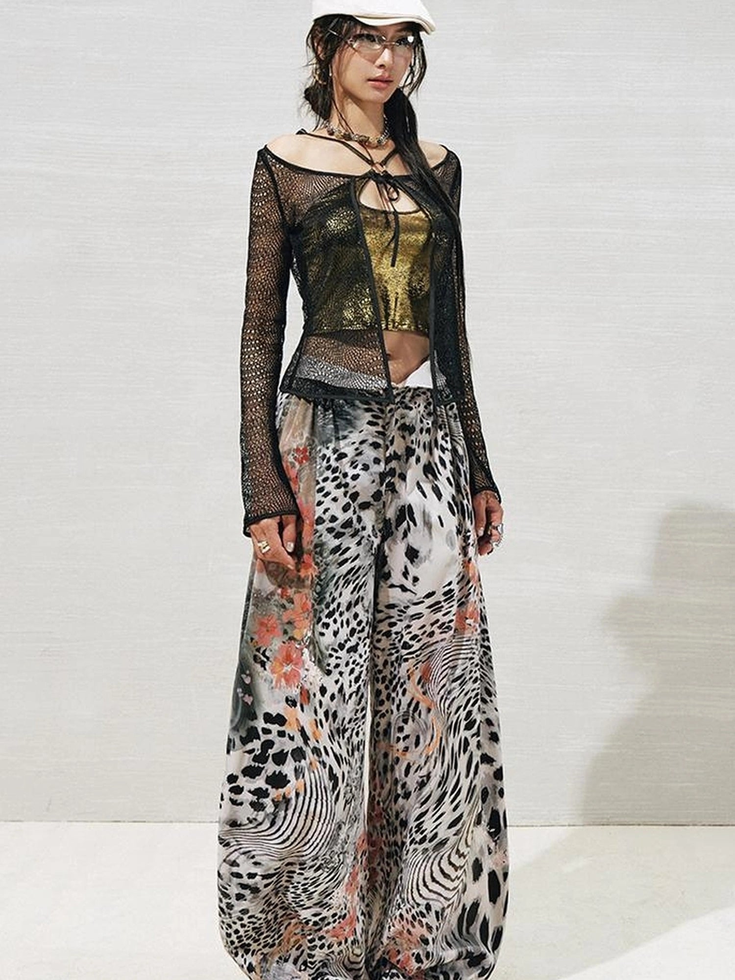 OfAkiva Folded Waist Sickle Pants With Illusion Leopard Print