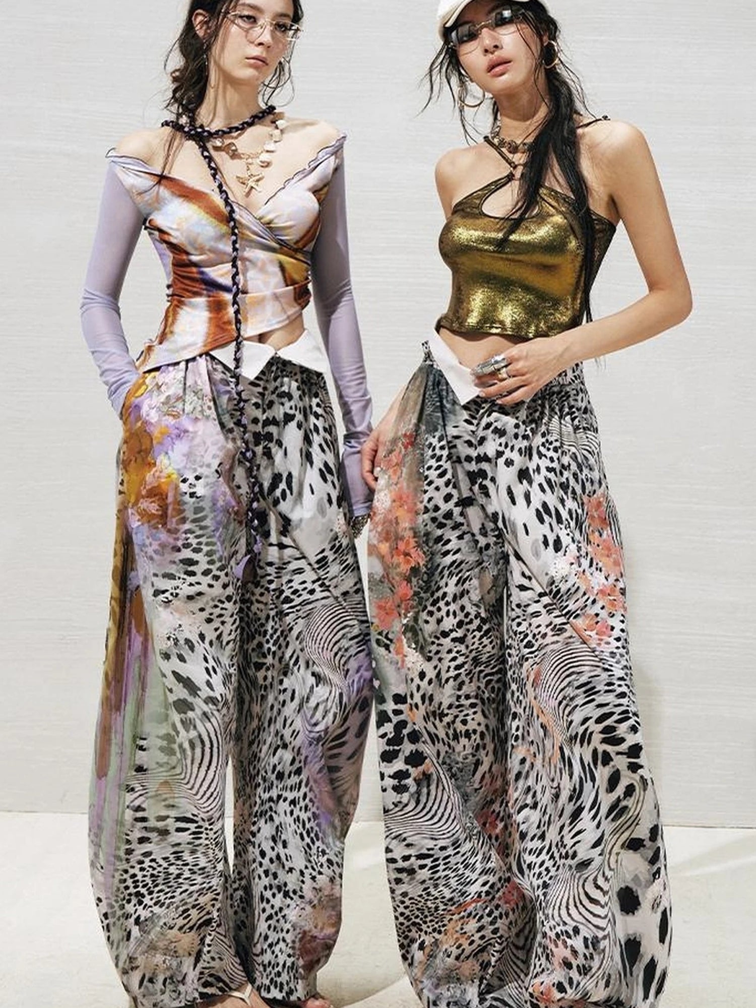 OfAkiva Folded Waist Sickle Pants With Illusion Leopard Print