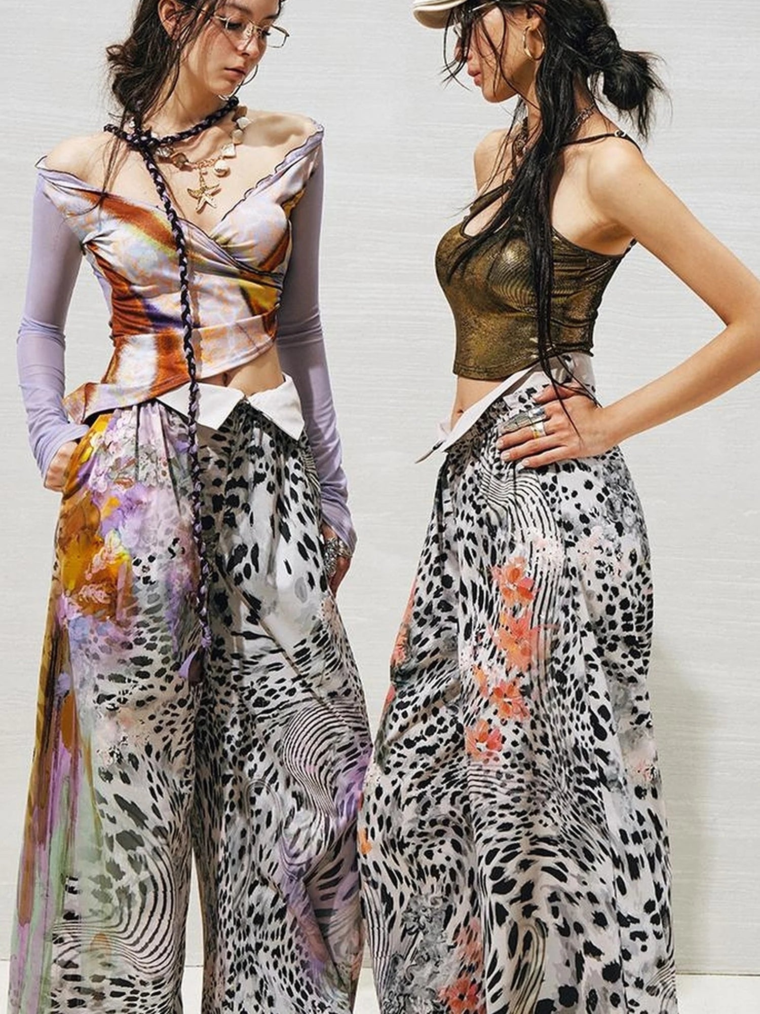 OfAkiva Folded Waist Sickle Pants With Illusion Leopard Print