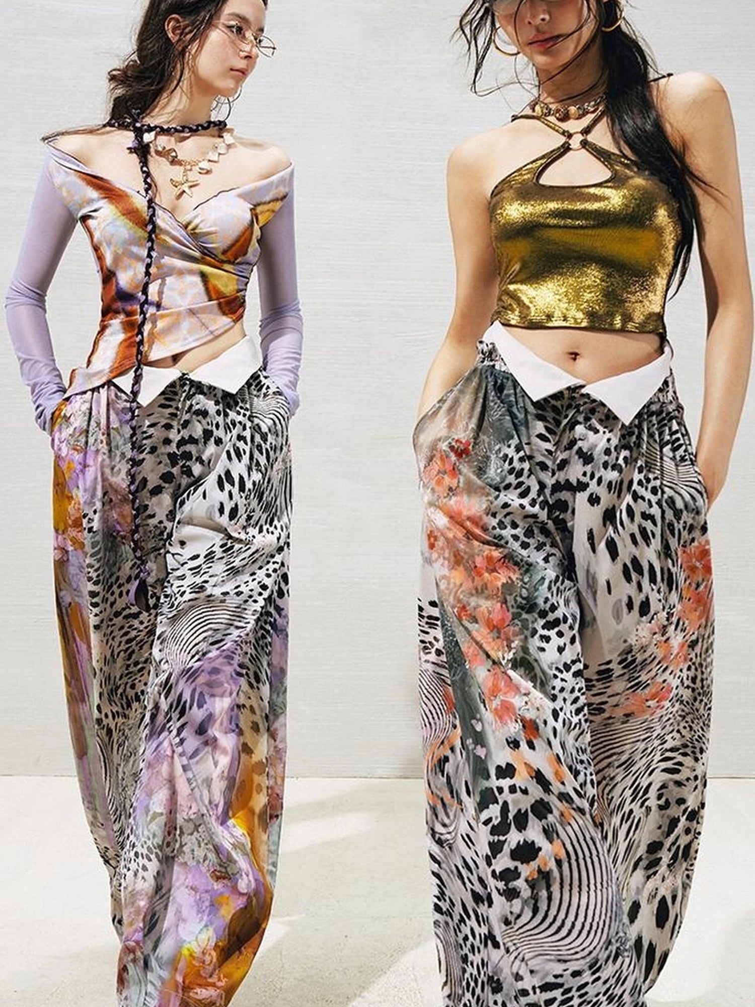 OfAkiva Folded Waist Sickle Pants With Illusion Leopard Print